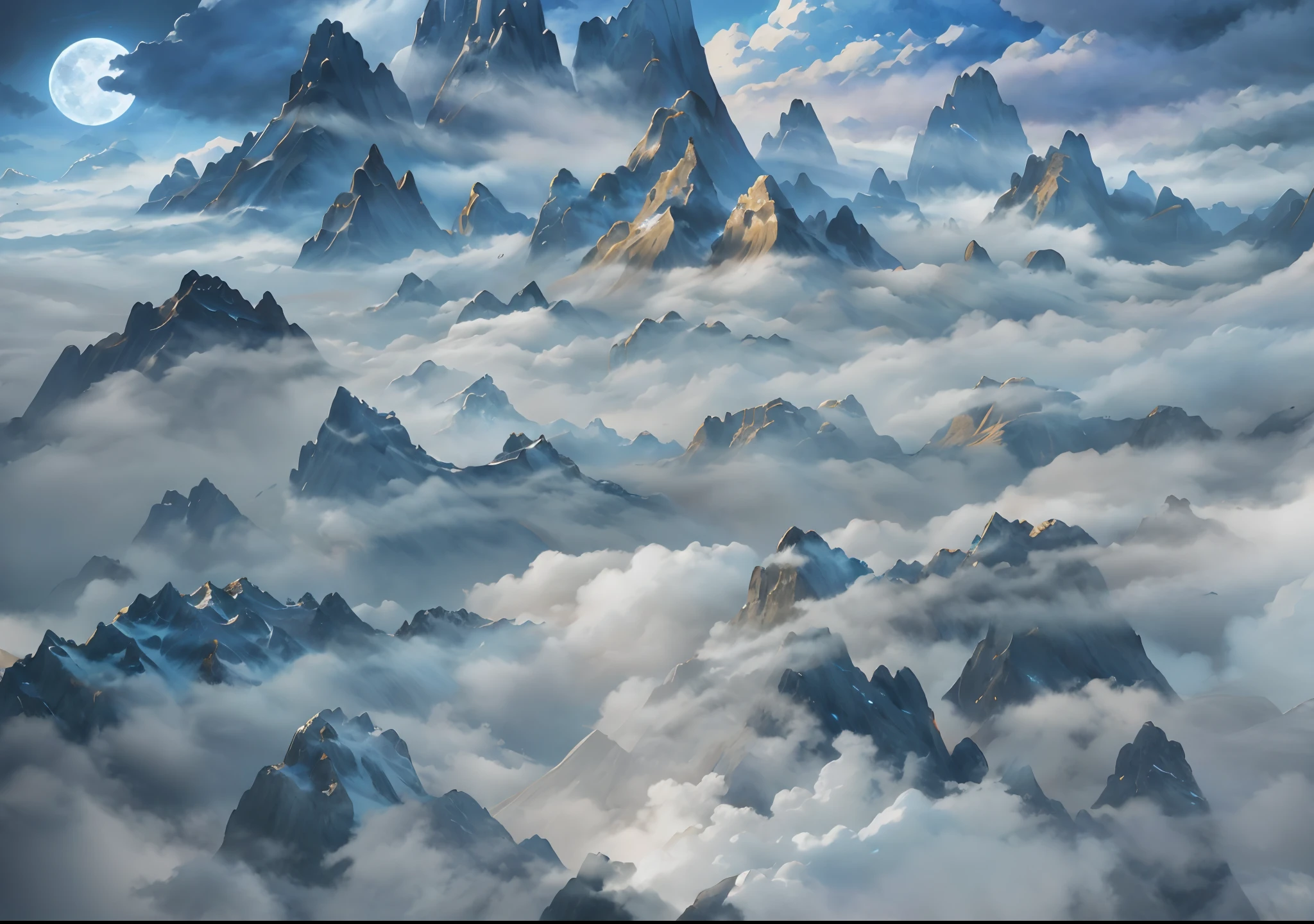Painting of mountains with full moon in the sky, floating lands in-clouds, wlop and RHADS, Floating mountains, Clouds. fantasy, highly detailed digital painting, detailed matte fantasy painting, 4k highly detailed digital art, volumetric clouds and fog, very detailed digital painting, Detailed scenery —width 672, avatar landscape, Illustration matte painting