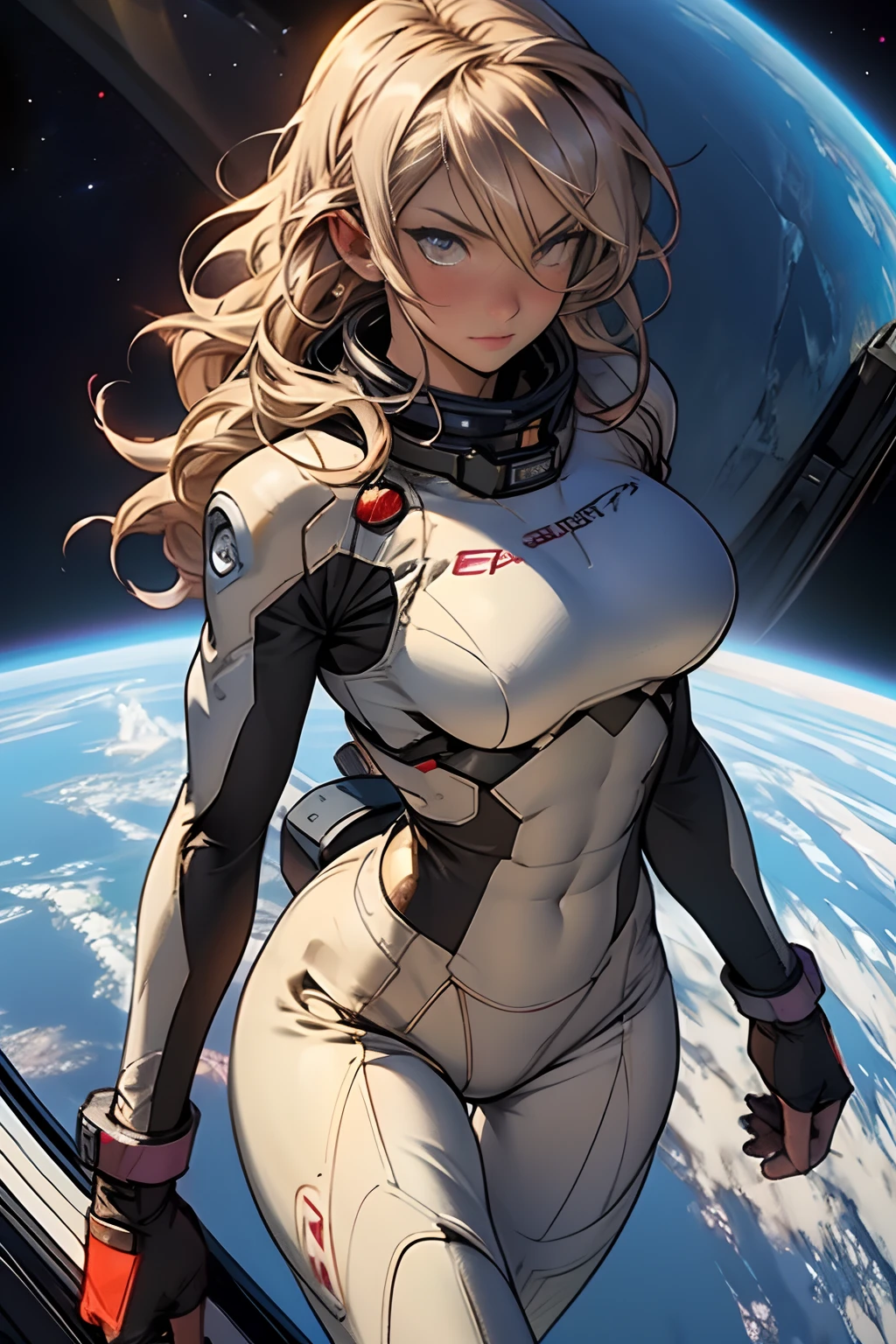 sandy hair fit body clear eyes, large breasts slender thighs slender waist pilot suit solo looking at viewer in space long hair blushing determination
