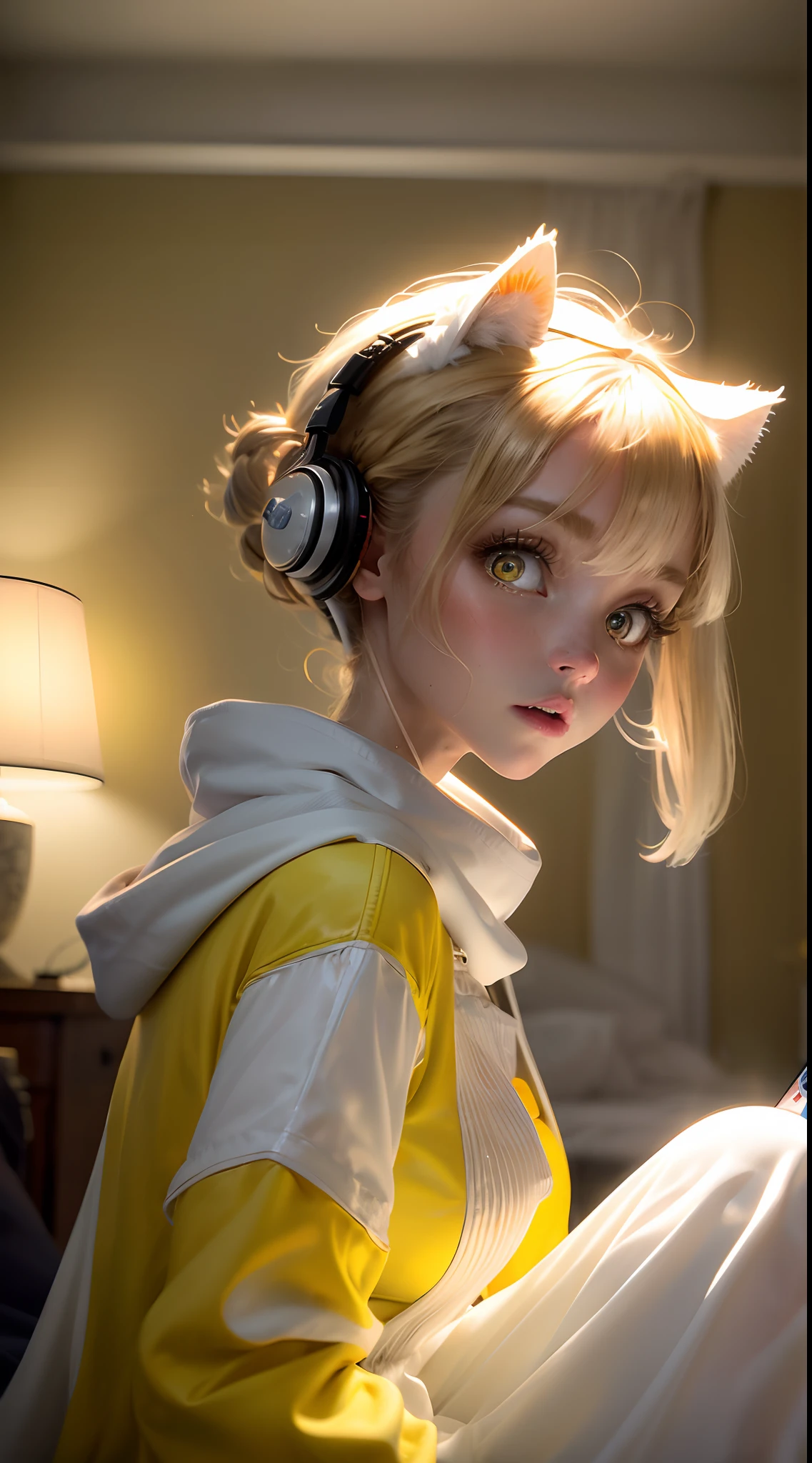 Best quality, Masterpiece, 8k, .........................................RAW, une fille avec des oreilles de chat, cheveux longs blonds, White garment, Ghostly Light, strange atmosphere, (Very bright yellow eyes:1.2) Playing a video game console , dans une chambre