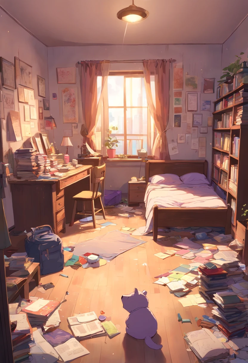 (best quality,4k,highres,masterpiece:1.2),ultra-detailed,realistic:1.37,a messy bedroom with no one in it, mismatched socks under the bed, purple pants on the floor, the drawer of the desk filled with papers and books, dirty clothes scattered around the room, dusty atmosphere, dim lighting, a disorganized room, neglected plants in the corner, piles of unfolded clothes, a cluttered bookshelf filled with books and trinkets, a half-opened window with tattered curtains, a messy bed with crumpled sheets, scattered art supplies on the desk, a cracked mirror reflecting the chaos, a gloomy and chaotic atmosphere, a forgotten teddy bear lying on the floor, unfinished drawings scattered on the walls, scattered coffee cups and empty snack wrappers, a broken lamp on the bedside table, an old and worn-out carpet on the floor, a somber color palette with muted tones, a sense of neglect and disarray.