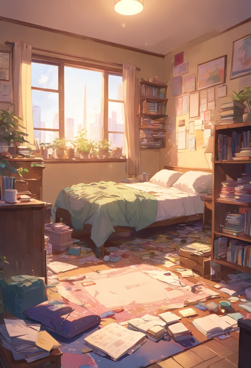 (Best quality,4K,A high resolution,Masterpiece:1.2),Ultra-detailed,Realistic:1.37,Messy bedroom,There is no one inside, The socks under the bed do not match, Purple pants on the floor, The drawer of the desk was full of documents and books, Dirty laundry is scattered throughout the room, dusty atmosphere, Dim lighting, Cluttered room, Overlooked plants in the corner, Piles of unfolded clothes, Cluttered bookshelves,It is full of books and trinkets, Half-open windows,The curtains are tattered, A messy bed,The sheets were crumpled, Art supplies scattered on the table, A cracked mirror that reflects chaos, Gloomy and chaotic atmosphere, A forgotten teddy bear lies on the floor, Unfinished drawings are scattered on the walls, Scattered coffee cups and empty snack wrappers, A lamp on the nightstand was broken, A shabby carpet on the floor, Gloomy palette with pastel tones, A feeling of neglect and confusion.