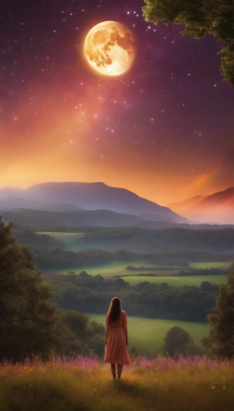 A wide landscape photo, (viewed from below, the sky is above, and the open field is below), a girl standing on a flower field looking up, (full moon: 1.2), (meteor: 0.9), (nebula: 1.3), distant mountains , Trees BREAK Crafting Art, (Warm Light: 1.2), (Firefly: 1.2), Lights, Lots of Purple and Orange, Intricate Details, Volumetric Lighting BREAK (Masterpiece: 1.2), (Best Quality), 4k, Ultra Detailed, (Dynamic Composition: 1.4), Rich in Detail and Color, (Rainbow Color: 1.2), (Glow, Atmospheric Lighting), Dreamy, Magical, (Solo: 1.2)