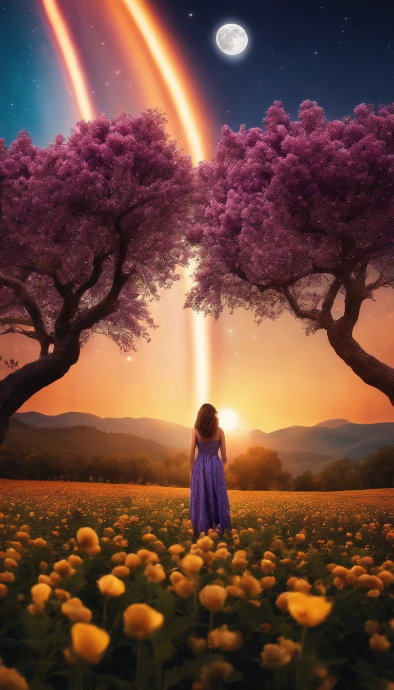 A wide landscape photo, (viewed from below, the sky is above, and the open field is below), a girl standing on a flower field looking up, (full moon: 1.2), (meteor: 0.9), (nebula: 1.3), distant mountains , Trees BREAK Crafting Art, (Warm Light: 1.2), (Firefly: 1.2), Lights, Lots of Purple and Orange, Intricate Details, Volumetric Lighting BREAK (Masterpiece: 1.2), (Best Quality), 4k, Ultra Detailed, (Dynamic Composition: 1.4), Rich in Detail and Color, (Rainbow Color: 1.2), (Glow, Atmospheric Lighting), Dreamy, Magical, (Solo: 1.2)