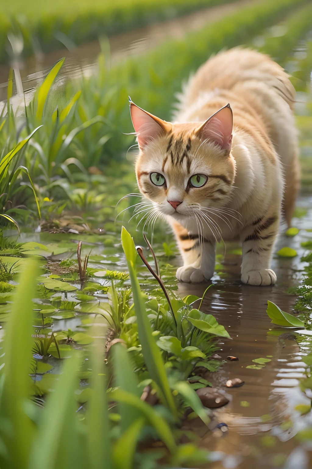 A round-eyed cat works in a rice field, Work with a hoe.
