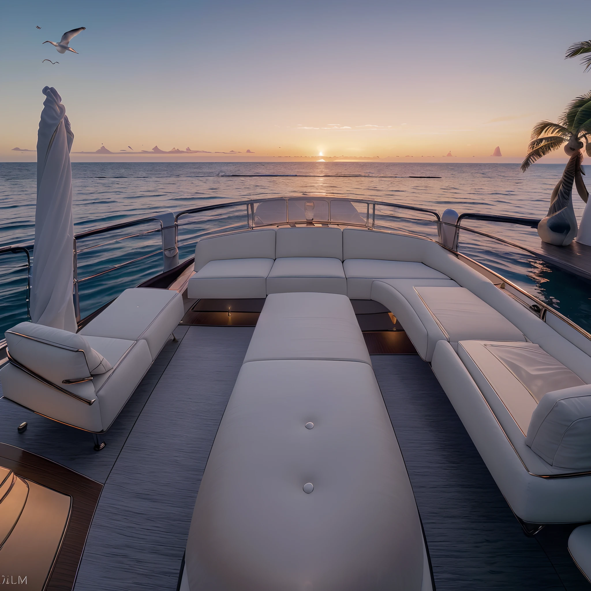 (A luxurious yacht on the sea during sunset, with high-quality details),(best quality,4k,8k,highres,masterpiece:1.2),ultra-detailed,(realistic,photorealistic,photo-realistic:1.37),HDR,UHD,studio lighting,physically-based rendering,professional,vivid colors,horizon reflecting on the water,glowing warm sunset colors,gentle waves,tranquil atmosphere,romantic setting,luxurious furniture and decor,sleek and modern design,crystal clear water,tropical palm trees in the background,smooth sailing motion,peaceful and serene ambiance,perfectly calm weather,captivating view of the horizon,seagulls flying in the distance,relaxing and indulgent feeling,extravagant and opulent appearance,stunning attention to detail,impressive craftsmanship.