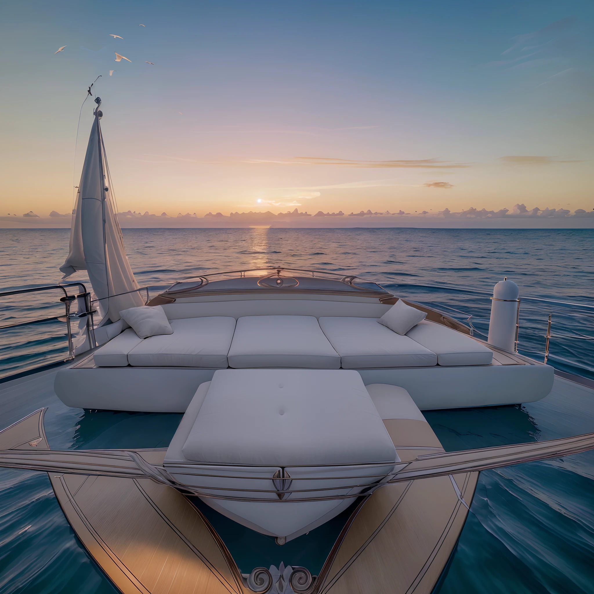 (A luxurious yacht on the sea during sunset, with high-quality details),(best quality,4k,8k,highres,masterpiece:1.2),ultra-detailed,(realistic,photorealistic,photo-realistic:1.37),HDR,UHD,studio lighting,physically-based rendering,professional,vivid colors,horizon reflecting on the water,glowing warm sunset colors,gentle waves,tranquil atmosphere,romantic setting,luxurious furniture and decor,sleek and modern design,crystal clear water,tropical palm trees in the background,smooth sailing motion,peaceful and serene ambiance,perfectly calm weather,captivating view of the horizon,seagulls flying in the distance,relaxing and indulgent feeling,extravagant and opulent appearance,stunning attention to detail,impressive craftsmanship.