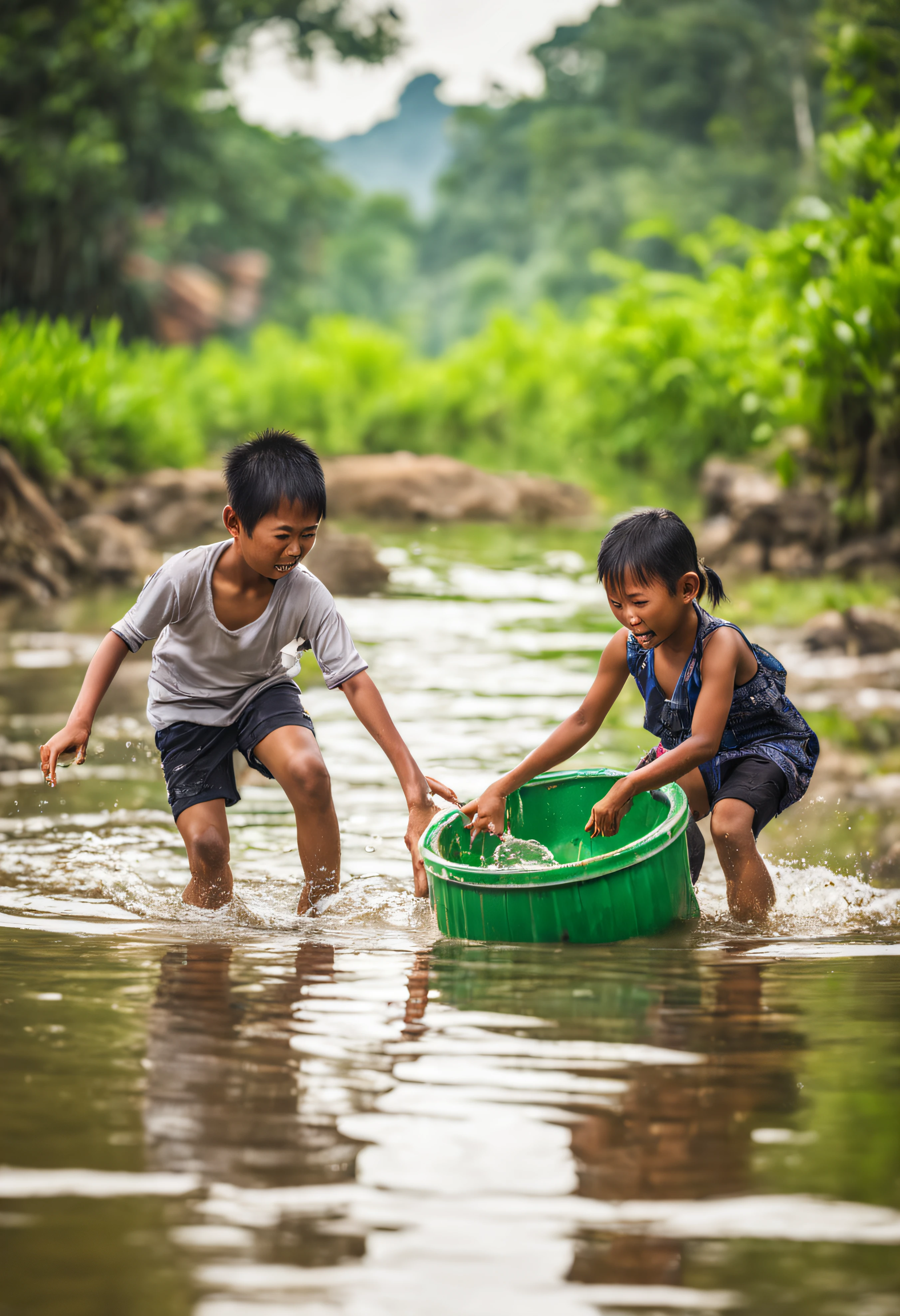 Two  playing water in the river at countryside Thailand