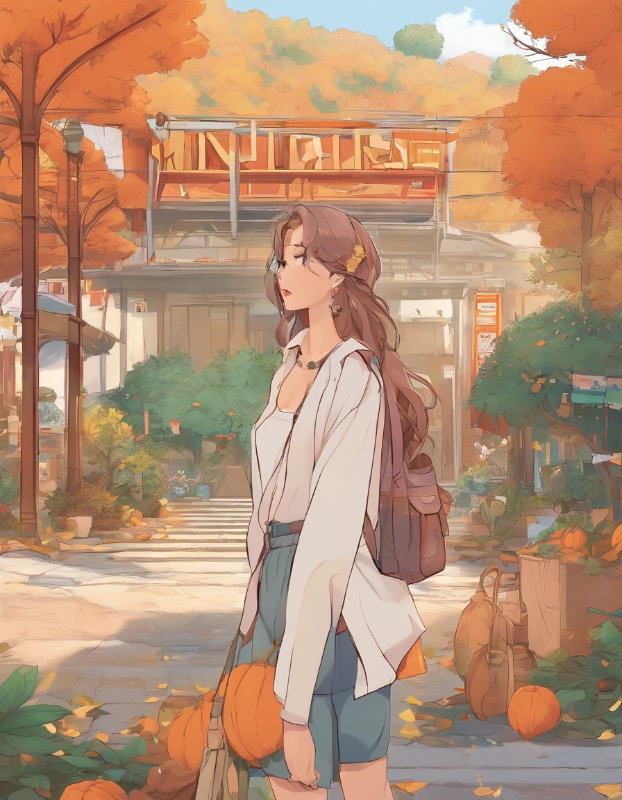 Tema Planejamento de Figurino: Autumn and winter return to dust,Estilo: Simplicidade urbana, estilo dinheiro velho, Reference mark TEME 2023. Moya Seoul 2023 cores: peach blossom, Amber brown, Detalhes laranja-amarelo: The top is smart,Casual pants with loose straps,Material da camisa branca: linho, cotton, Este, voile, Design frontal de corpo inteiro