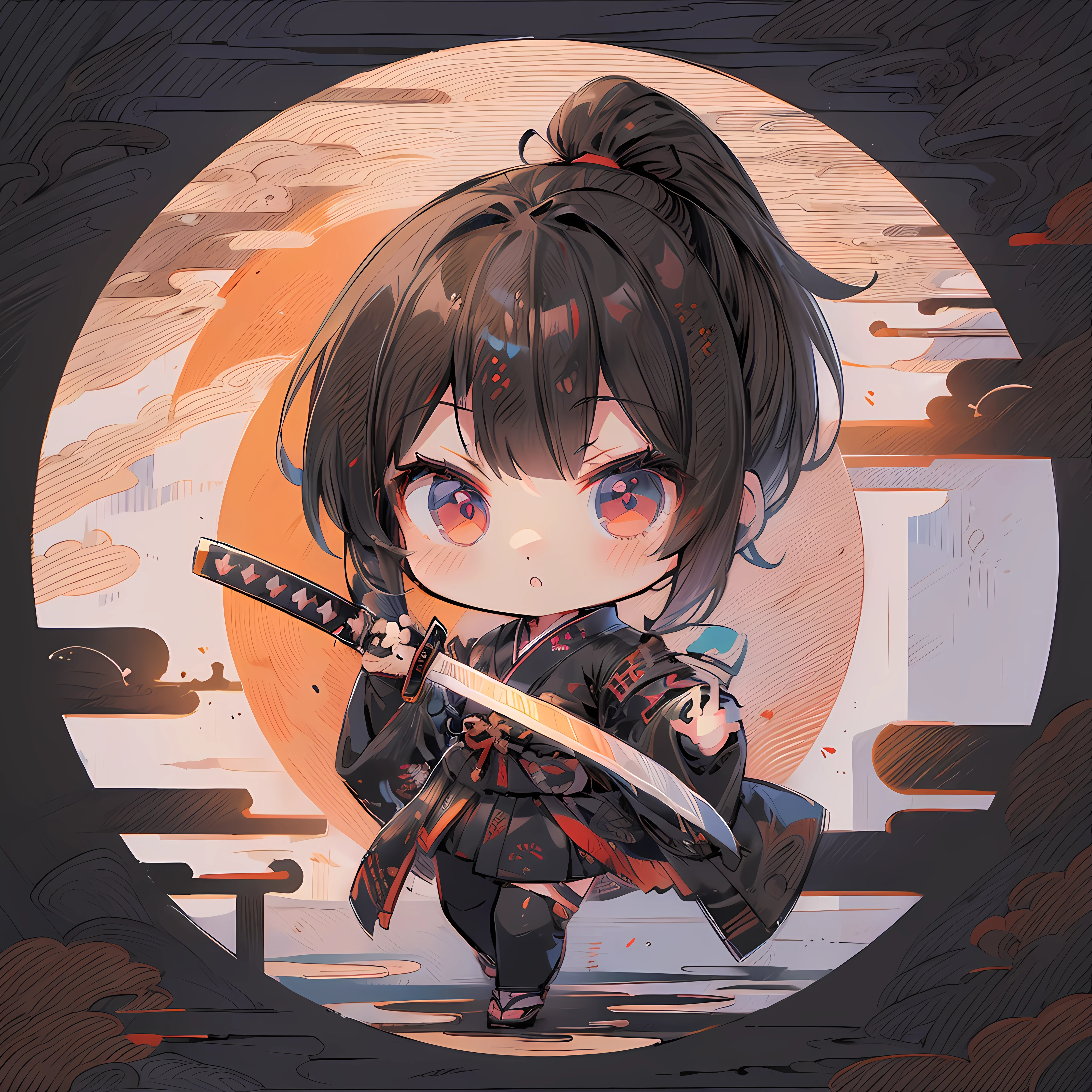 masutepiece, Best Quality, Extremely detailed, a samurai girl, Solo, Cool, Full body, (((Black Hair Ponytail:1.3))), Kimono, Japanese Katana Sword, Samurai armor, (stylish pose:1.3), (((Deformed))), (((Chibi Character))), Japanese style, Autumn background