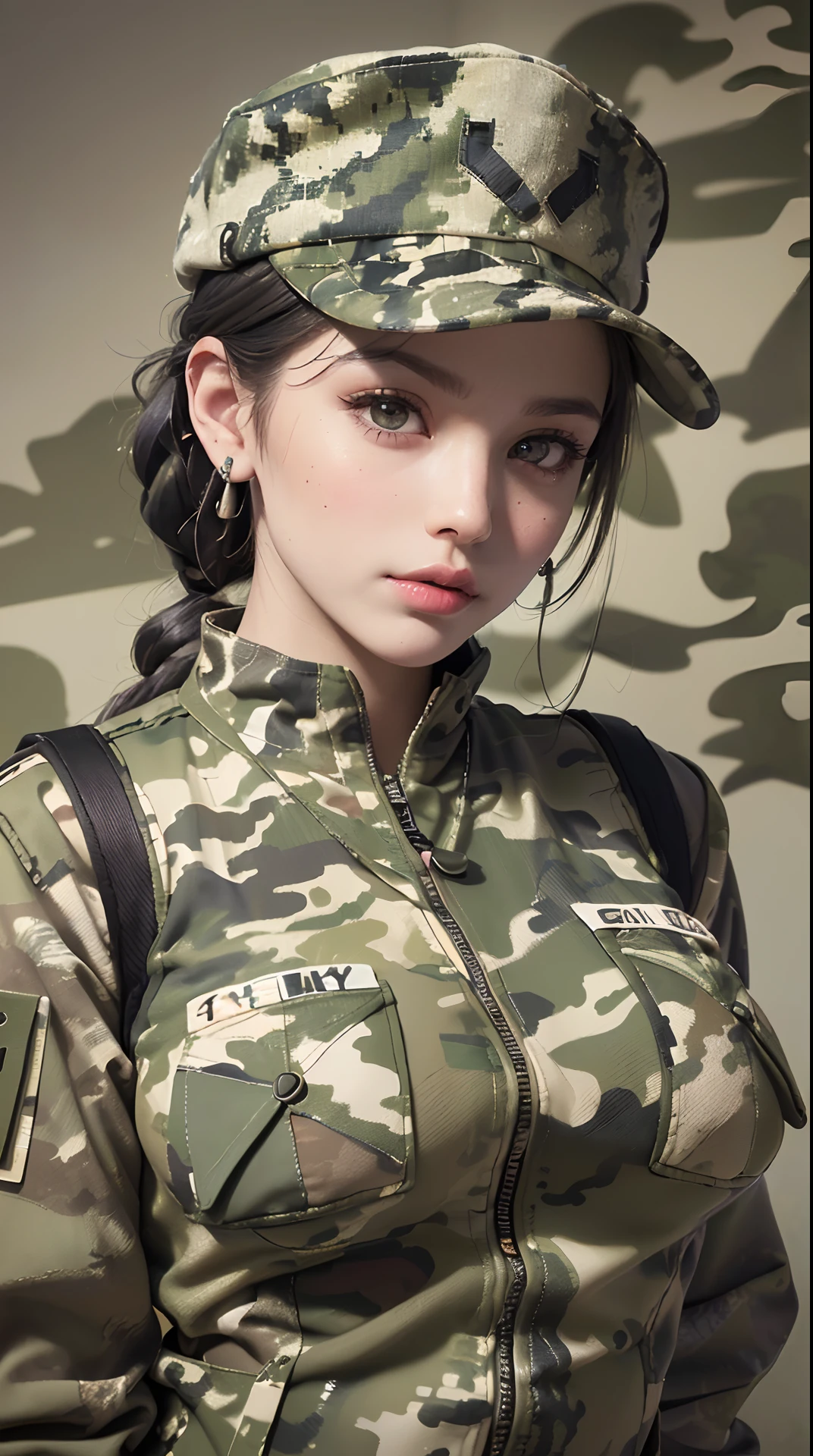Beautiful woman in intricate Bold and Camouflage Outfit