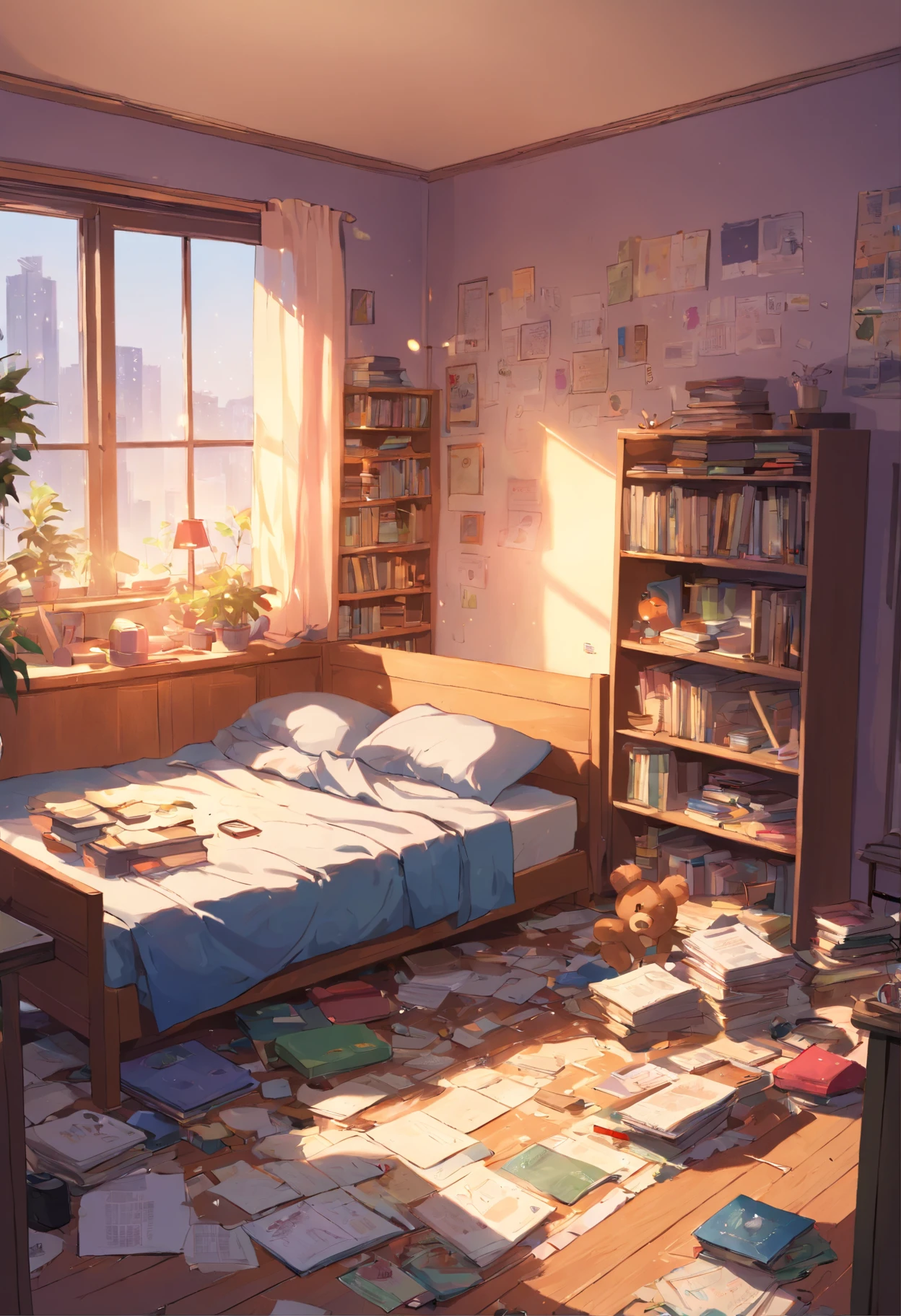 (Best quality,4K,A high resolution,Masterpiece:1.2),Ultra-detailed,Realistic:1.37,Messy bedroom，There is no one inside, The socks under the bed do not match, Purple pants on the floor, The drawer of the desk was full of documents and books, Dirty laundry is scattered throughout the room, dusty atmosphere, Dim lighting, Cluttered room, Overlooked plants in the corner, Piles of unfolded clothes, Cluttered bookshelves，It is full of books and trinkets, Half-open windows，The curtains are tattered, A messy bed，The sheets were crumpled, Art supplies scattered on the table, A cracked mirror that reflects chaos, Gloomy and chaotic atmosphere, A forgotten teddy bear lies on the floor, Unfinished drawings are scattered on the walls, Scattered coffee cups and empty snack wrappers, A lamp on the nightstand was broken, A shabby carpet on the floor, Gloomy palette with pastel tones, A feeling of neglect and confusion.