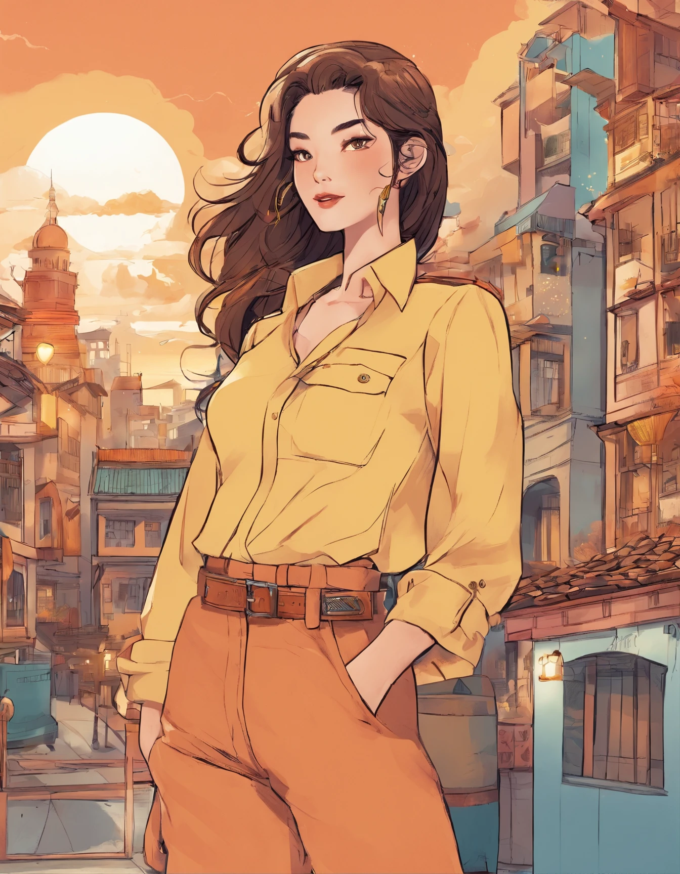 Tema Planejamento de Figurino: Autumn and winter return to dust,Estilo: Simplicidade urbana, estilo dinheiro velho, Reference mark TEME 2023. Moya Seoul 2023 cores: peach blossom, Amber brown, Detalhes laranja-amarelo: The top is smart,Casual pants with loose straps,Material da camisa branca: linho, cotton, Este, voile, Design frontal de corpo inteiro
