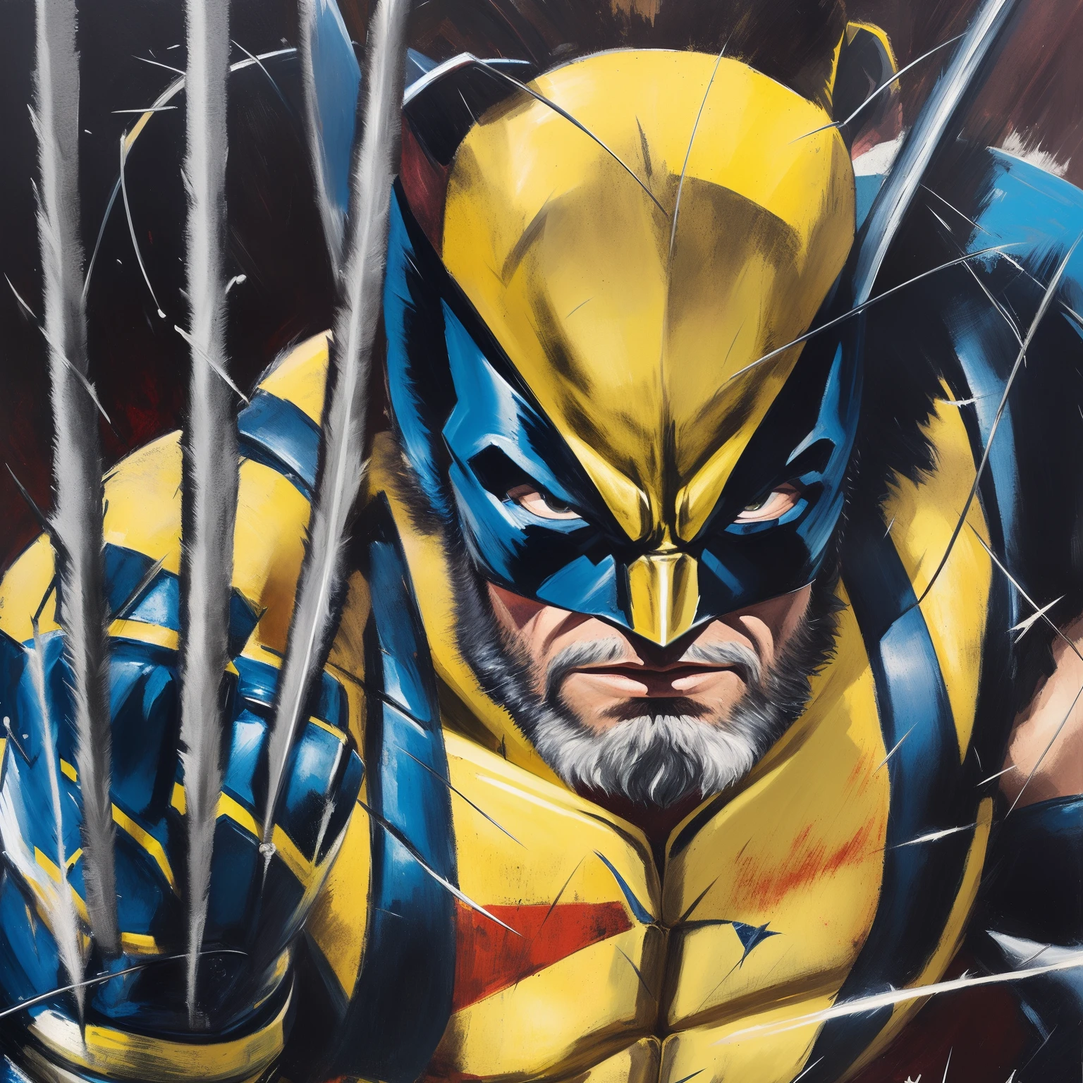 uma pintura de um Wolverine, Retrato de Wolverine, wolverine action pose, Arte Marvel, marvelous expression, super hero art, O Wolverine, carcaju, arte vibrante, Superhero portrait,
