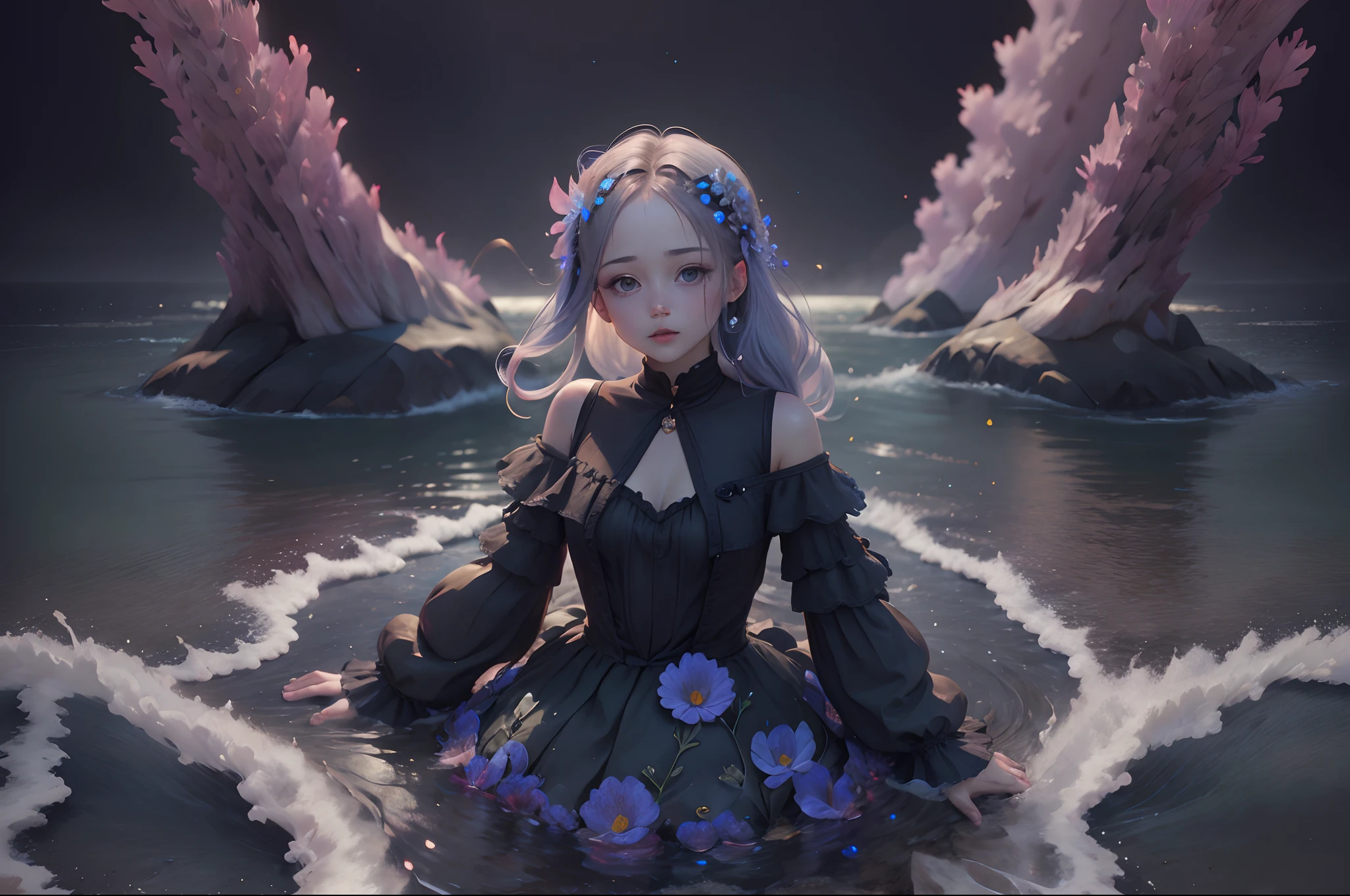 Blossoming girl and sea flowers