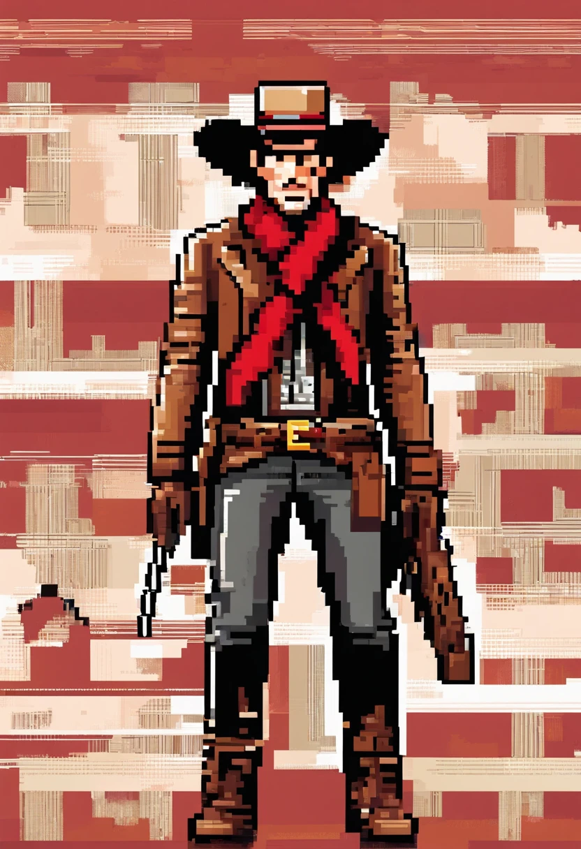 The image includes only a western cowboy armed with a revolver，full bodyesbian，Wear a red scarf and riding boots，background is white