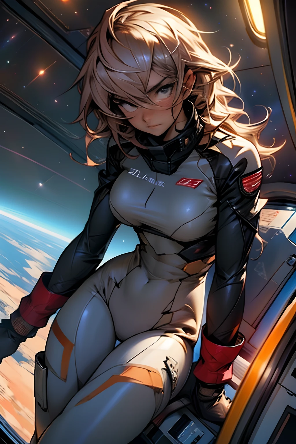 sandy hair fit body large breasts slender thighs slender waist pilot suit solo looking at viewer in space long hair blushing determination