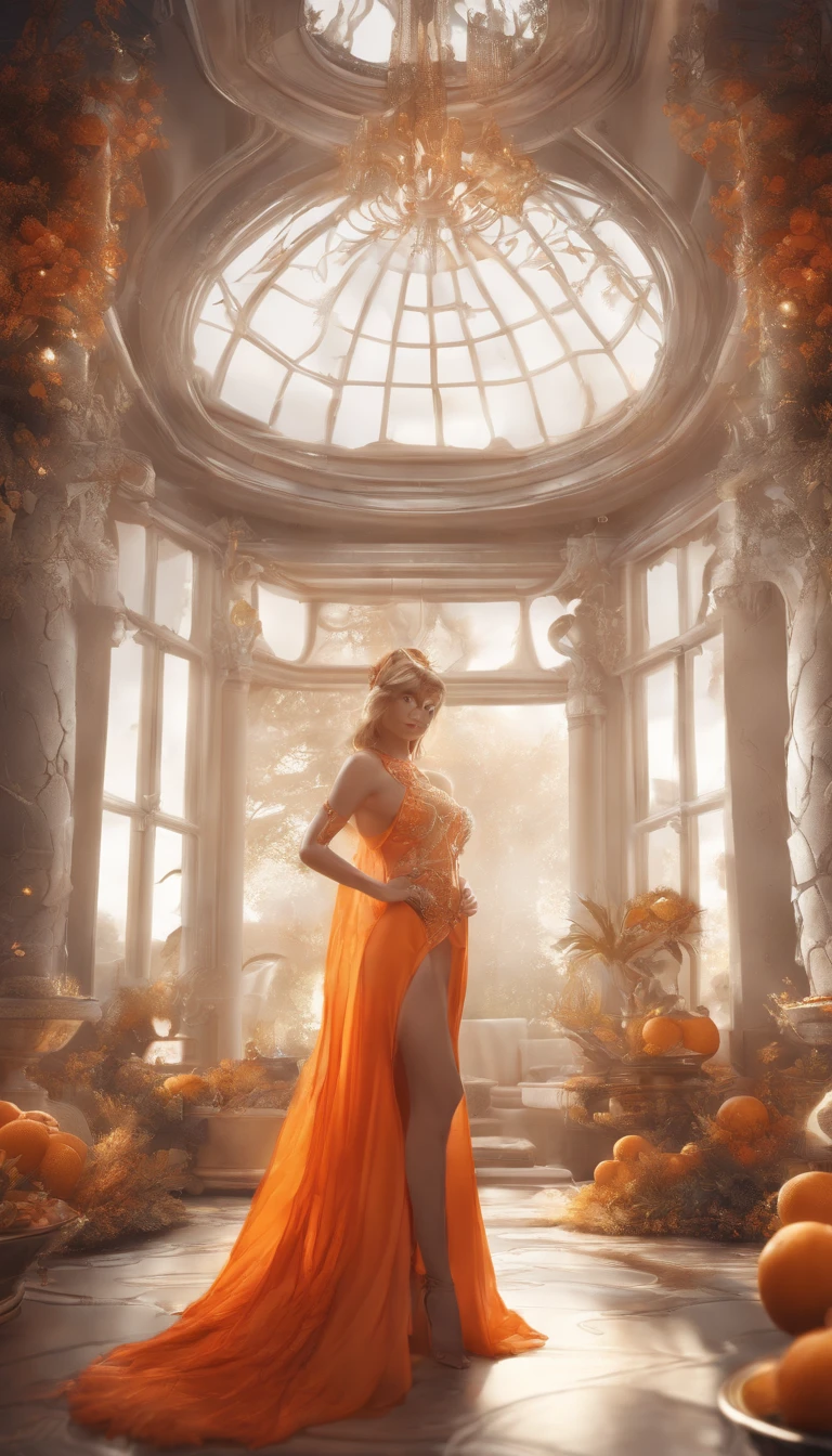 Orangery, Large oranges in the taiga, piercingeyes, Radiance, fantasy, fairy core, high resolution, image, nami from one piece, Bar, (sexyposture), (Wet clothing), Bokeh, conceptual art, Cinematic lighting, Depth of field, retinas, Textured skin, A high resolution, High quality