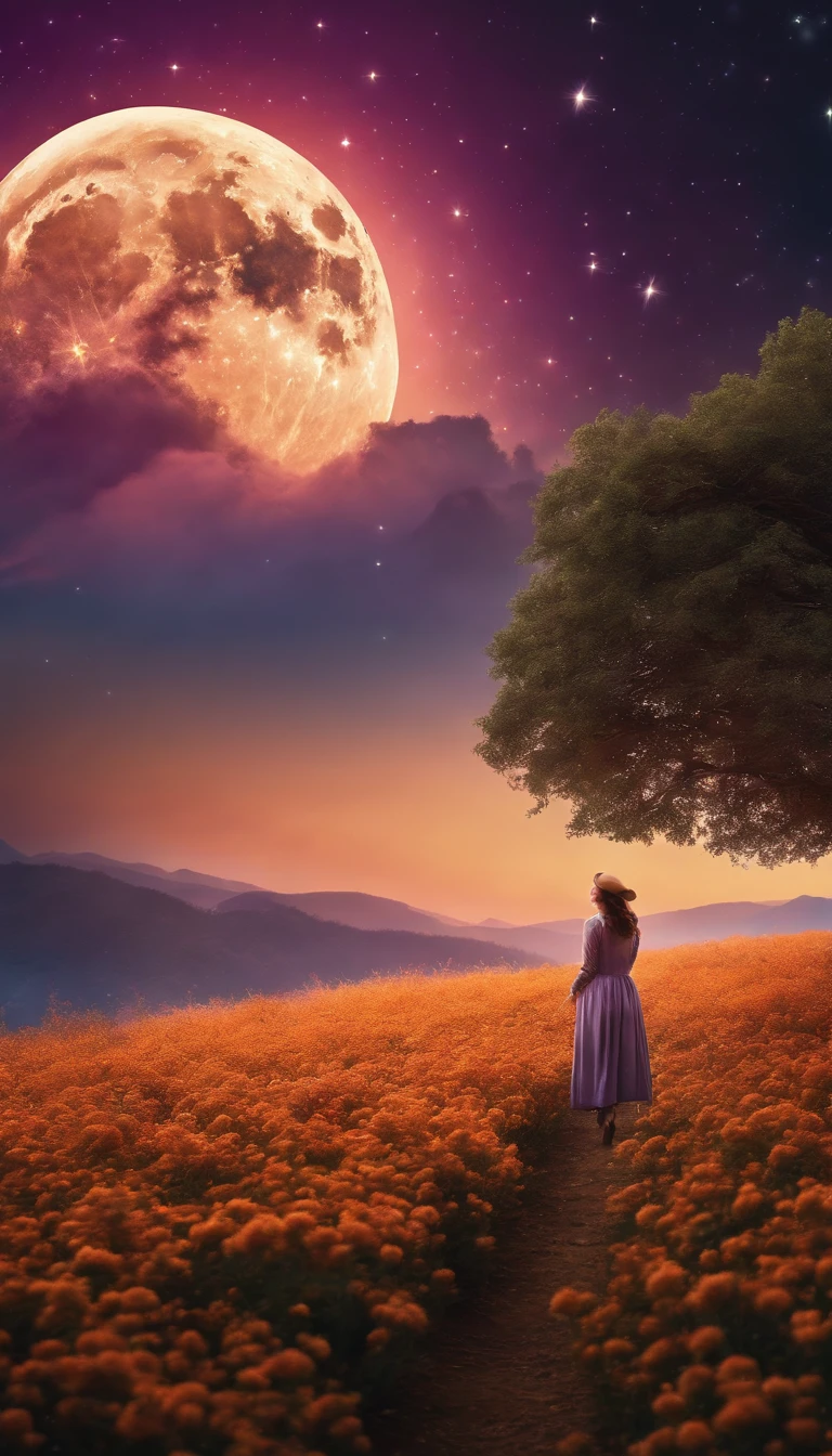 A wide landscape photo, (viewed from below, the sky is above, and the open field is below), a girl standing on a flower field looking up, (full moon: 1.2), (meteor: 0.9), (nebula: 1.3), distant mountains , Trees BREAK Crafting Art, (Warm Light: 1.2), (Firefly: 1.2), Lights, Lots of Purple and Orange, Intricate Details, Volumetric Lighting BREAK (Masterpiece: 1.2), (Best Quality), 4k, Ultra Detailed, (Dynamic Composition: 1.4), Rich in Detail and Color, (Rainbow Color: 1.2), (Glow, Atmospheric Lighting), Dreamy, Magical, (Solo: 1.2)