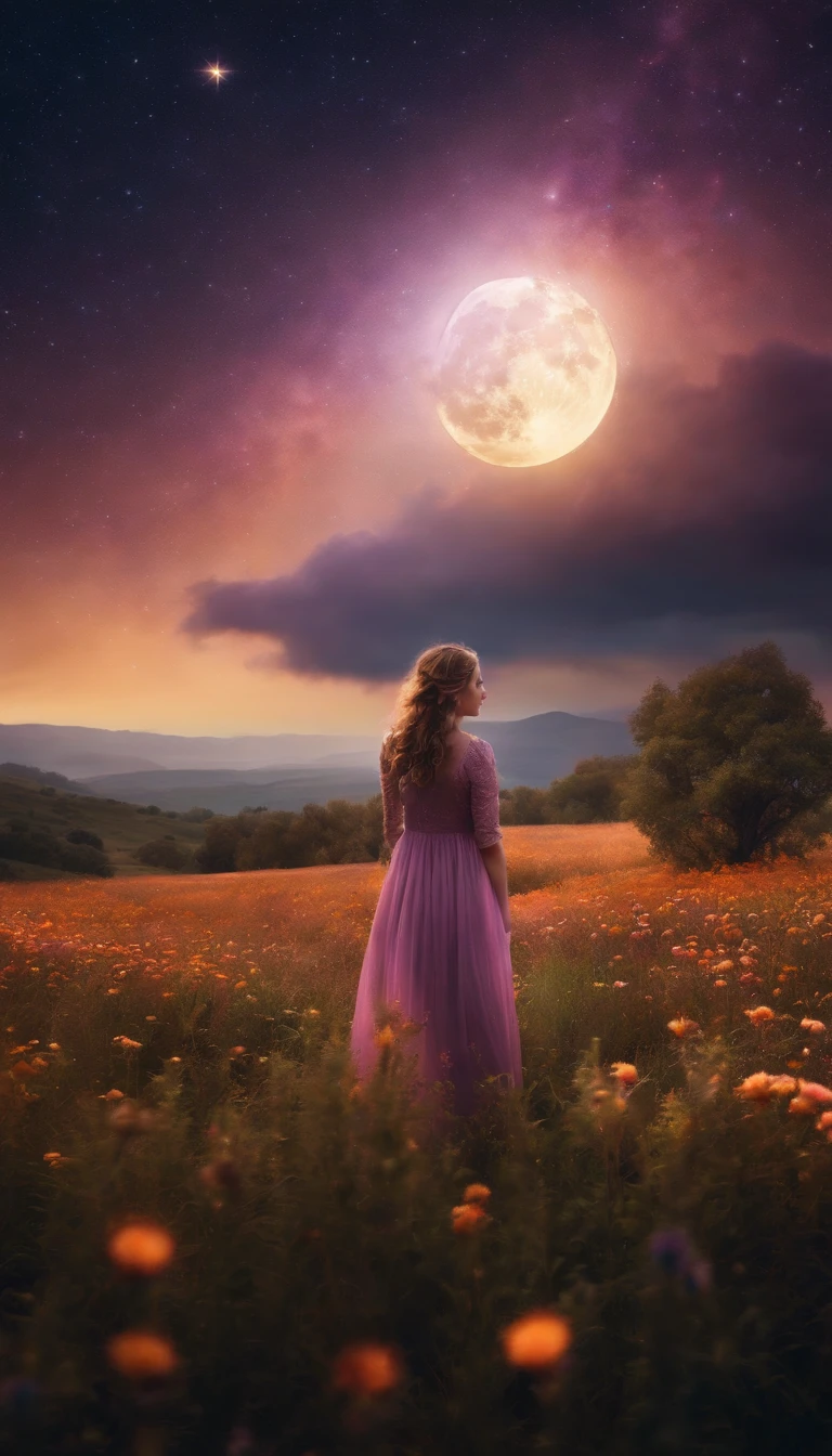 A wide landscape photo, (viewed from below, the sky is above, and the open field is below), a girl standing on a flower field looking up, (full moon: 1.2), (meteor: 0.9), (nebula: 1.3), distant mountains , Trees BREAK Crafting Art, (Warm Light: 1.2), (Firefly: 1.2), Lights, Lots of Purple and Orange, Intricate Details, Volumetric Lighting BREAK (Masterpiece: 1.2), (Best Quality), 4k, Ultra Detailed, (Dynamic Composition: 1.4), Rich in Detail and Color, (Rainbow Color: 1.2), (Glow, Atmospheric Lighting), Dreamy, Magical, (Solo: 1.2)