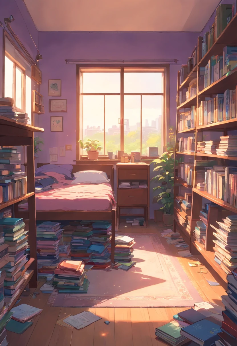 Best quality,4K,A high resolution,Masterpiece:1.2),Ultra-detailed,Realistic:1.37,Messy bedroom，There is no one inside, The socks under the bed do not match, Purple pants on the floor, The drawer of the desk was full of documents and books, Dirty laundry is scattered throughout the room, dusty atmosphere, Dim lighting, Cluttered room, Overlooked plants in the corner, Piles of unfolded clothes, Cluttered bookshelves，It is full of books and trinkets