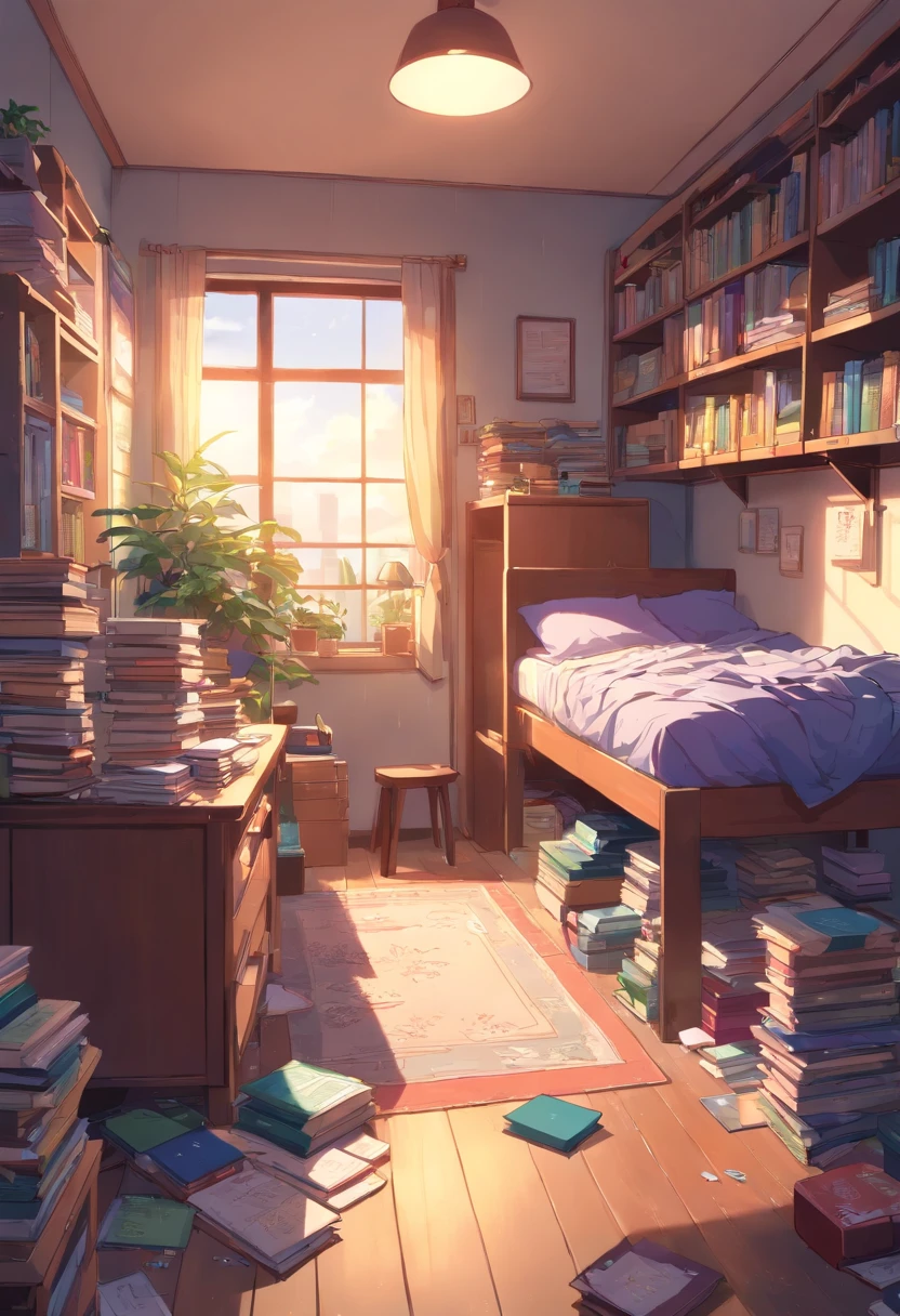 Best quality,4K,A high resolution,Masterpiece:1.2),Ultra-detailed,Realistic:1.37,Messy bedroom,There is no one inside, The socks under the bed do not match, Purple pants on the floor, The drawer of the desk was full of documents and books, Dirty laundry is scattered throughout the room, dusty atmosphere, Dim lighting, Cluttered room, Overlooked plants in the corner, Piles of unfolded clothes, Cluttered bookshelves,It is full of books and trinkets