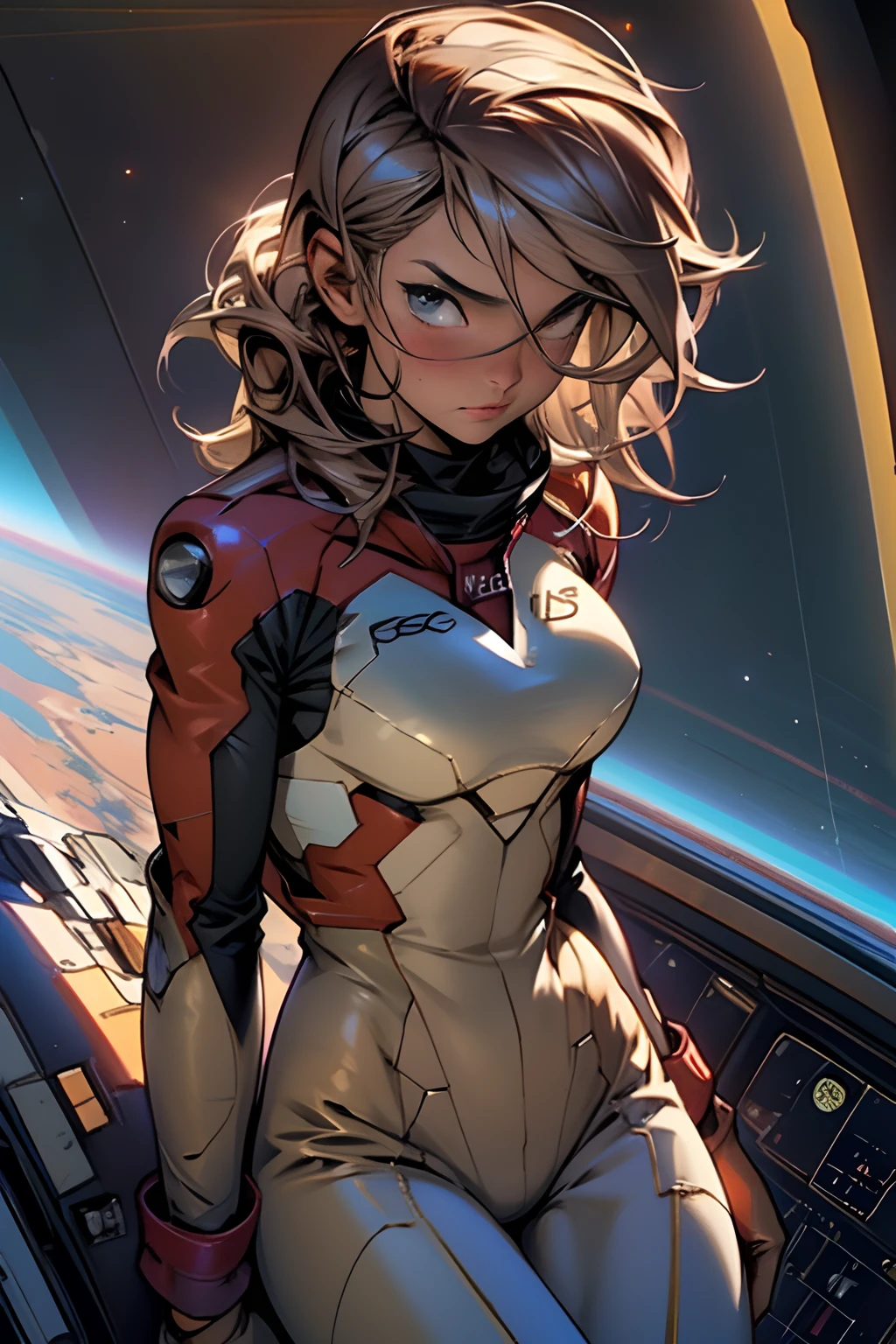 sandy hair fit body large breasts slender thighs slender waist pilot suit solo looking at viewer in space long hair blushing determination