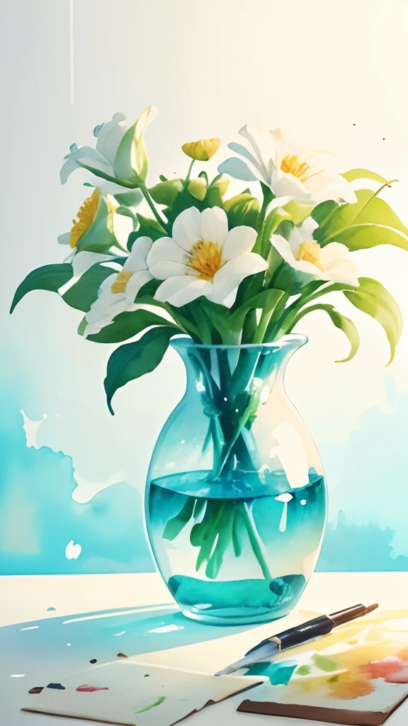 Flowers in a vase,florals,fronds,Eau,White flowers,((watercolor paiting)),((ink and watercolor painting)),(((solid color backdrop))),Perfectcomposition