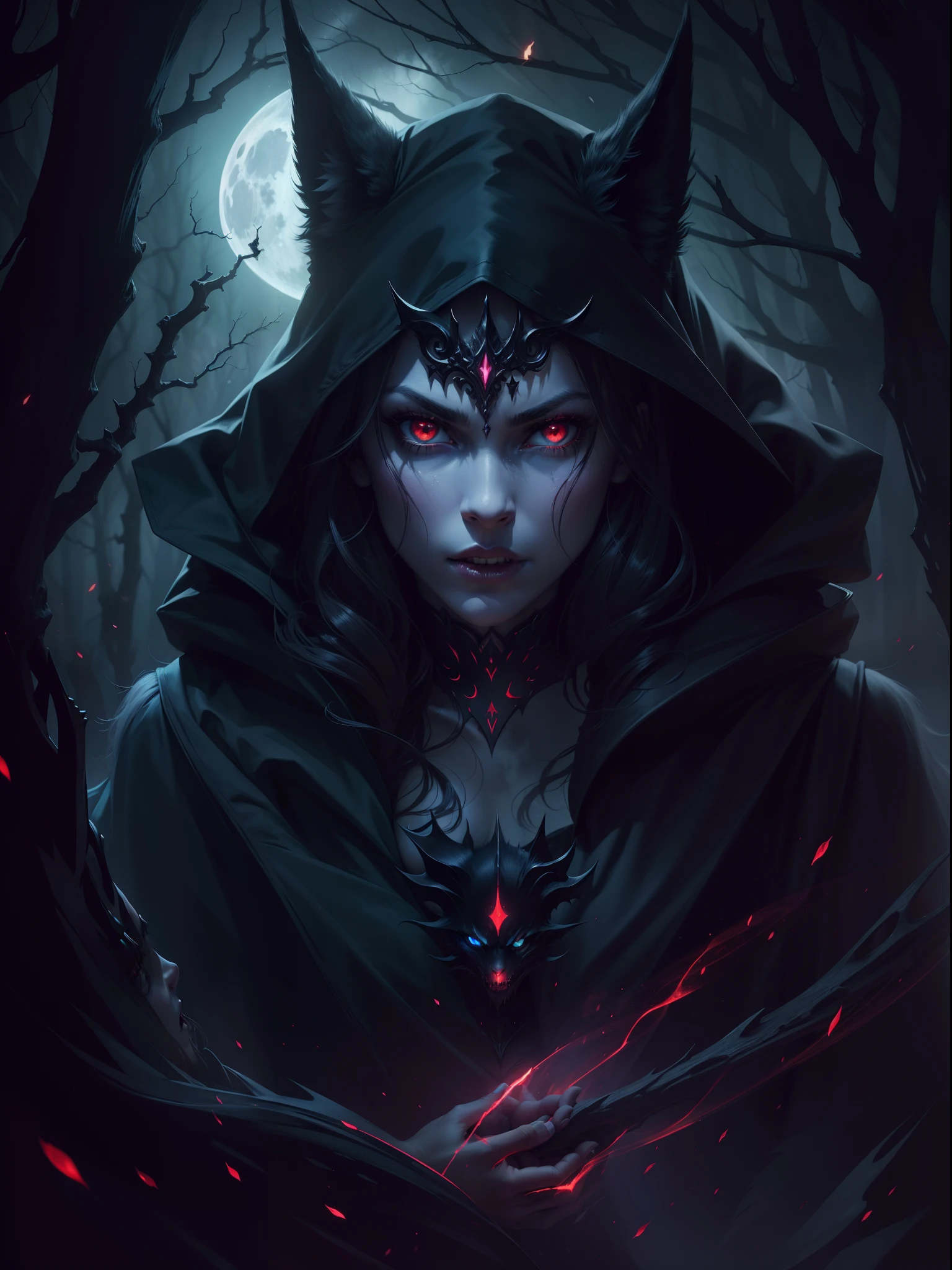 (highres:1.2),(realistic:1.37),devil girl,pet wolf,dark fantasy,enchanted forest,magic powers,glowing eyes,demonic features,black cloak,ominous atmosphere,moonlit night,sharp fangs,pale skin,ominous shadows,detailed facial expressions,dark tendrils,nightmare,haunting,gothic aesthetic,ferocious companion,vivid colors,dangerous beauty,captivating gaze,sinister aura,creature of the night,enchanted bond,loyal protector,moon's reflection,shadowy figure,ethereal,mythical,otherworldly,mesmerizing presence