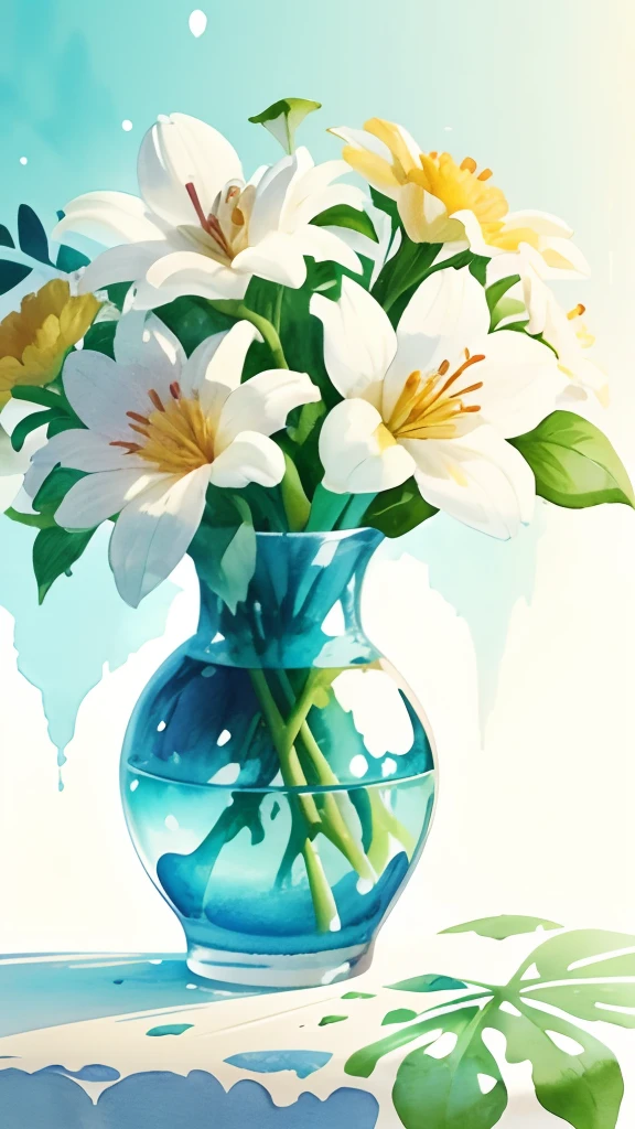 Flowers in a vase,florals,fronds,Eau,White flowers,((watercolor paiting)),((ink and watercolor painting)),(((solid color backdrop))),Perfectcomposition
