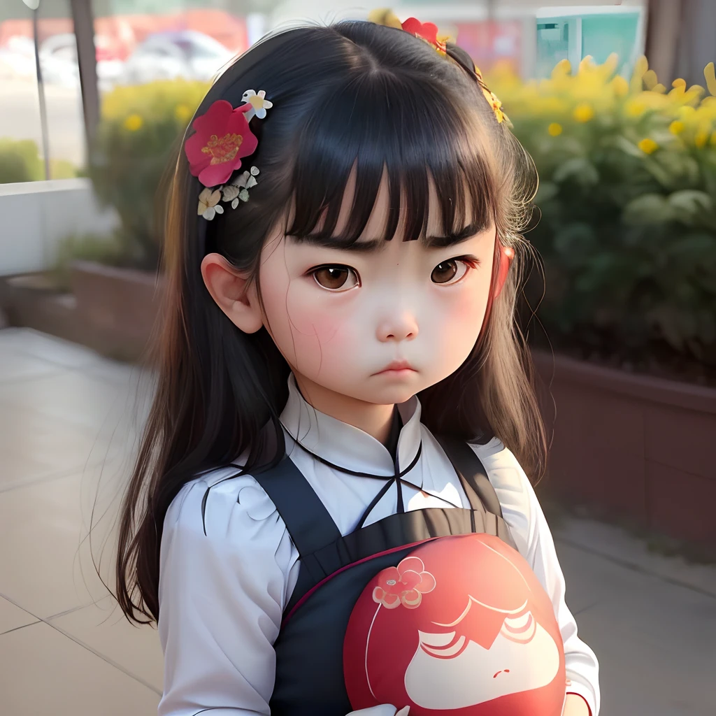 a littel girl,Hold Your Arms,frowning mouth,Looking at you angrily,Pucheros enojados,Cheongsam floral de media manga,Linda chica gorda,una cabeza de bola chupando pene enorme