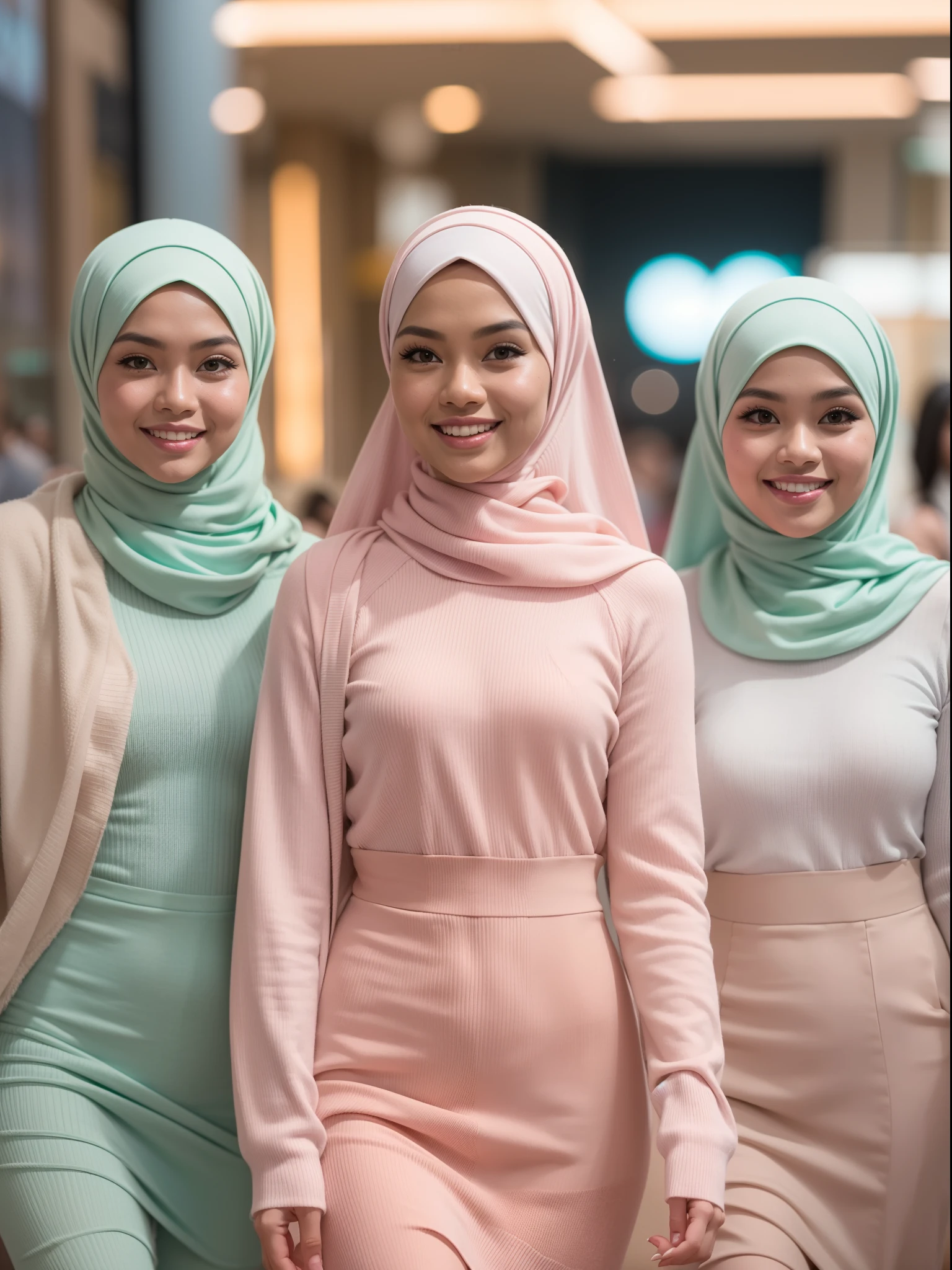Portrait photography of 3 beautiful young malay girl in hijab wearing pastel color Solid Rib-Knit Bodycon Dress walking, catwalk, nighttime, crowded mall background, bright lighting, smile and happy gesture, 8k, high quality, ultra detail, movie shot framing,