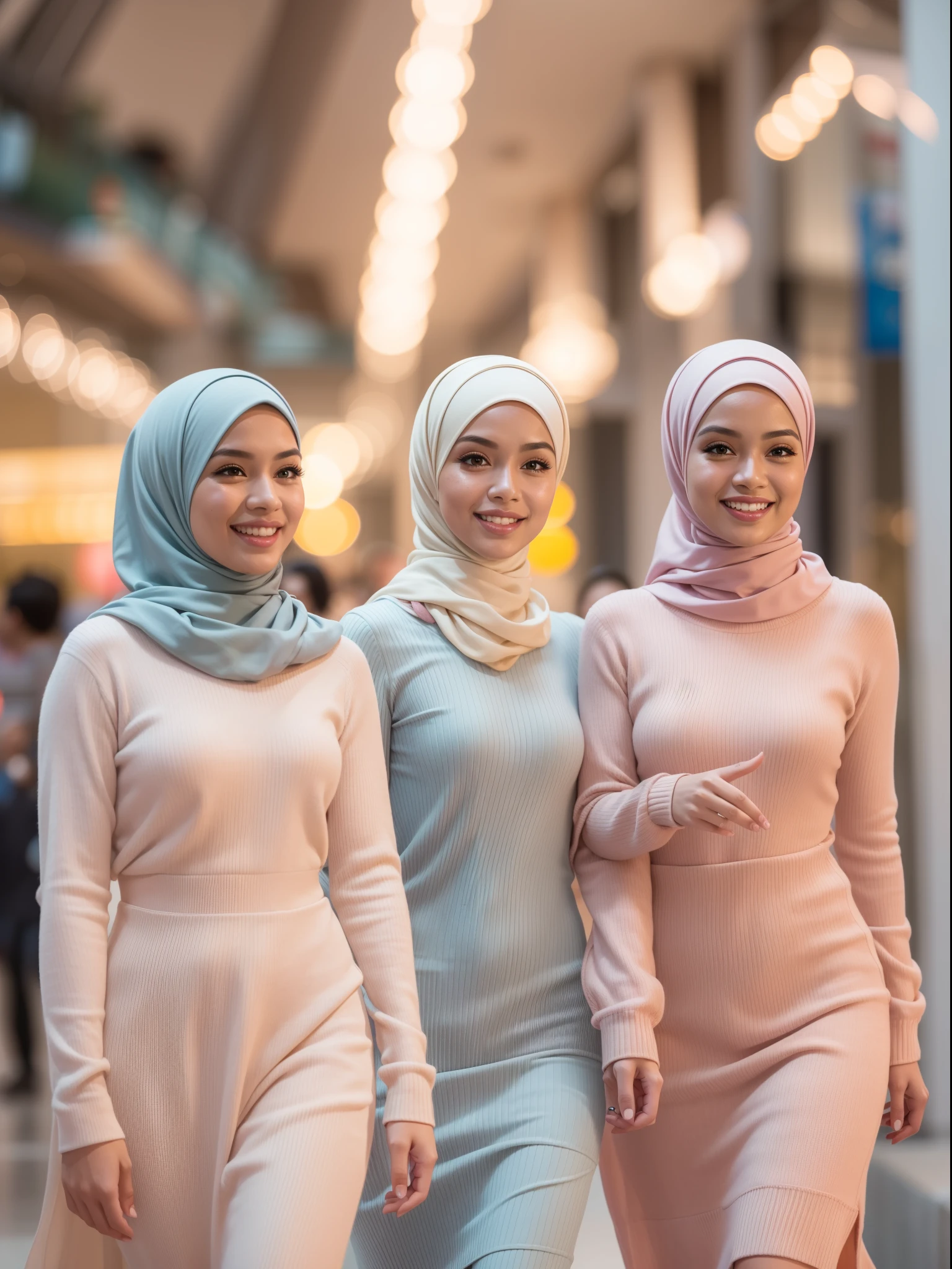 Portrait photography of 3 beautiful young malay girl in hijab wearing pastel color Solid Rib-Knit Bodycon Dress walking, catwalk, nighttime, crowded mall background, bright lighting, smile and happy gesture, 8k, high quality, ultra detail, movie shot framing,
