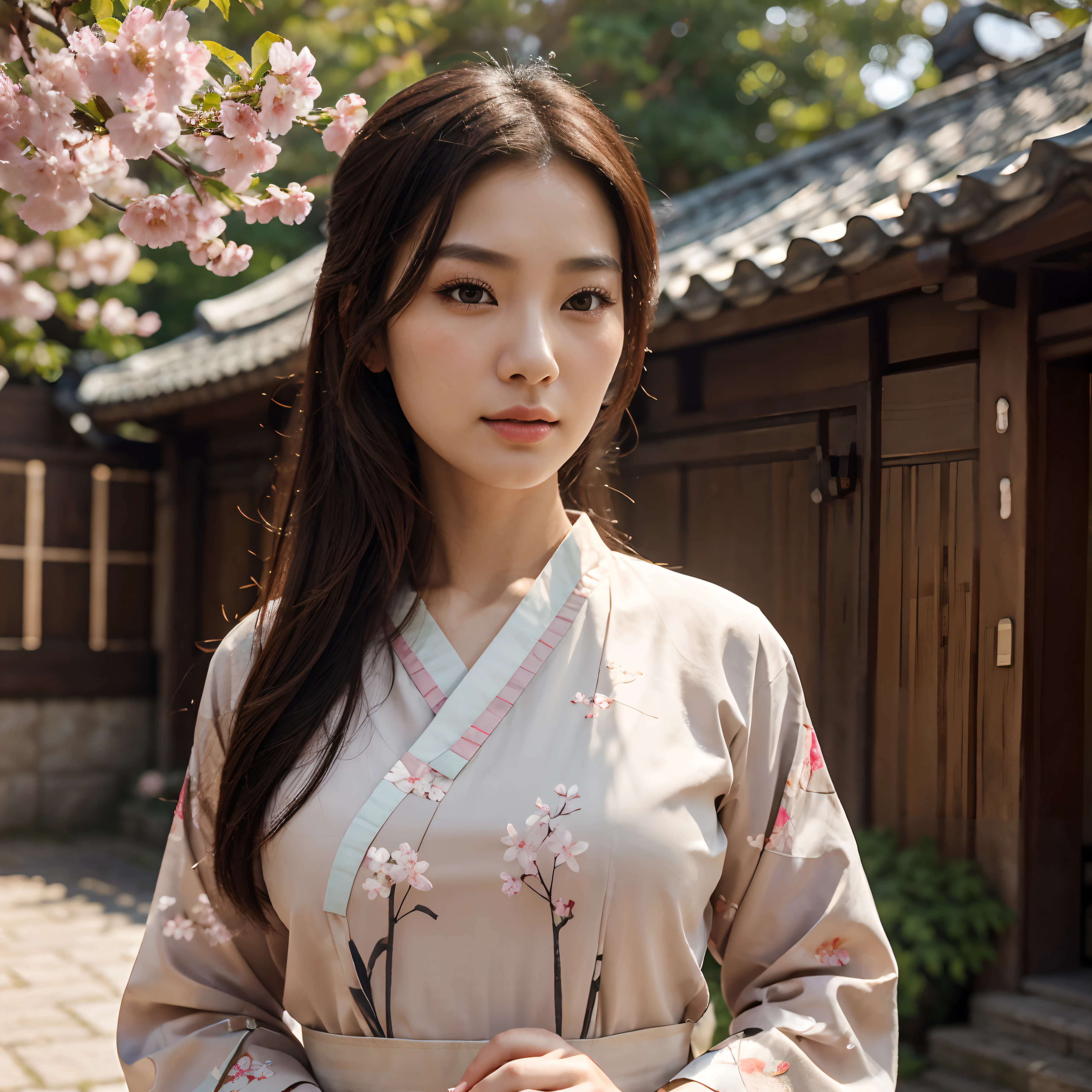 Stable Diffusion prompt:
"A Korean woman in her 30s, beautiful detailed eyes, beautiful detailed lips, extremely detailed face, long eyelashes, realistic and detailed skin texture, medium: oil painting, the woman is wearing a hanbok (traditional Korean clothing) in vibrant colors, she is standing in a blooming cherry blossom garden, the sunlight creates a warm and soft glow, the woman has a graceful and confident posture, vibrant colors and vivid details, masterpiece:1.2, ultra-detailed, realistic:1.37, professional, HDR, bokeh, portrait, soft and warm color tone, gentle and natural lighting."