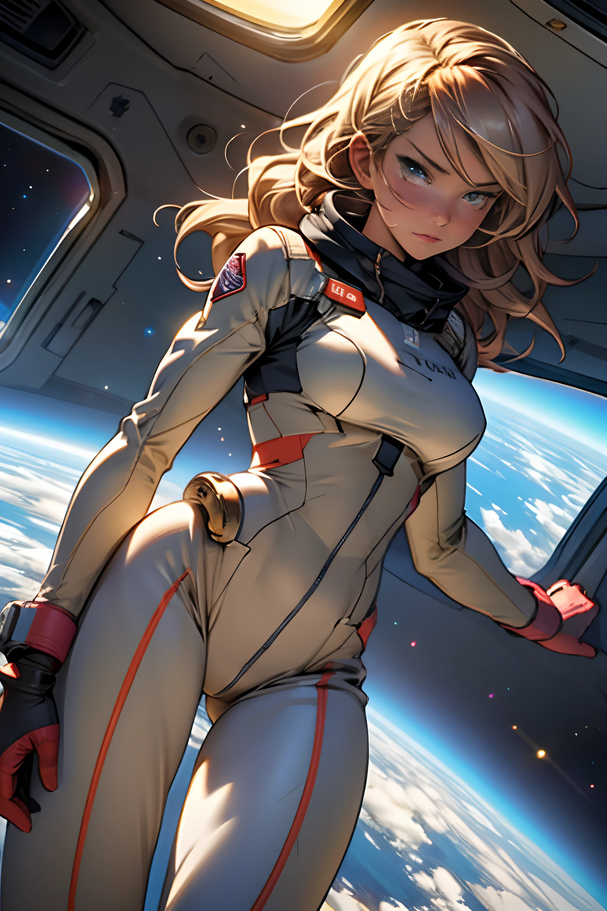 sandy hair fit body large breasts slender thighs slender waist pilot suit solo looking at viewer in space long hair blushing determination