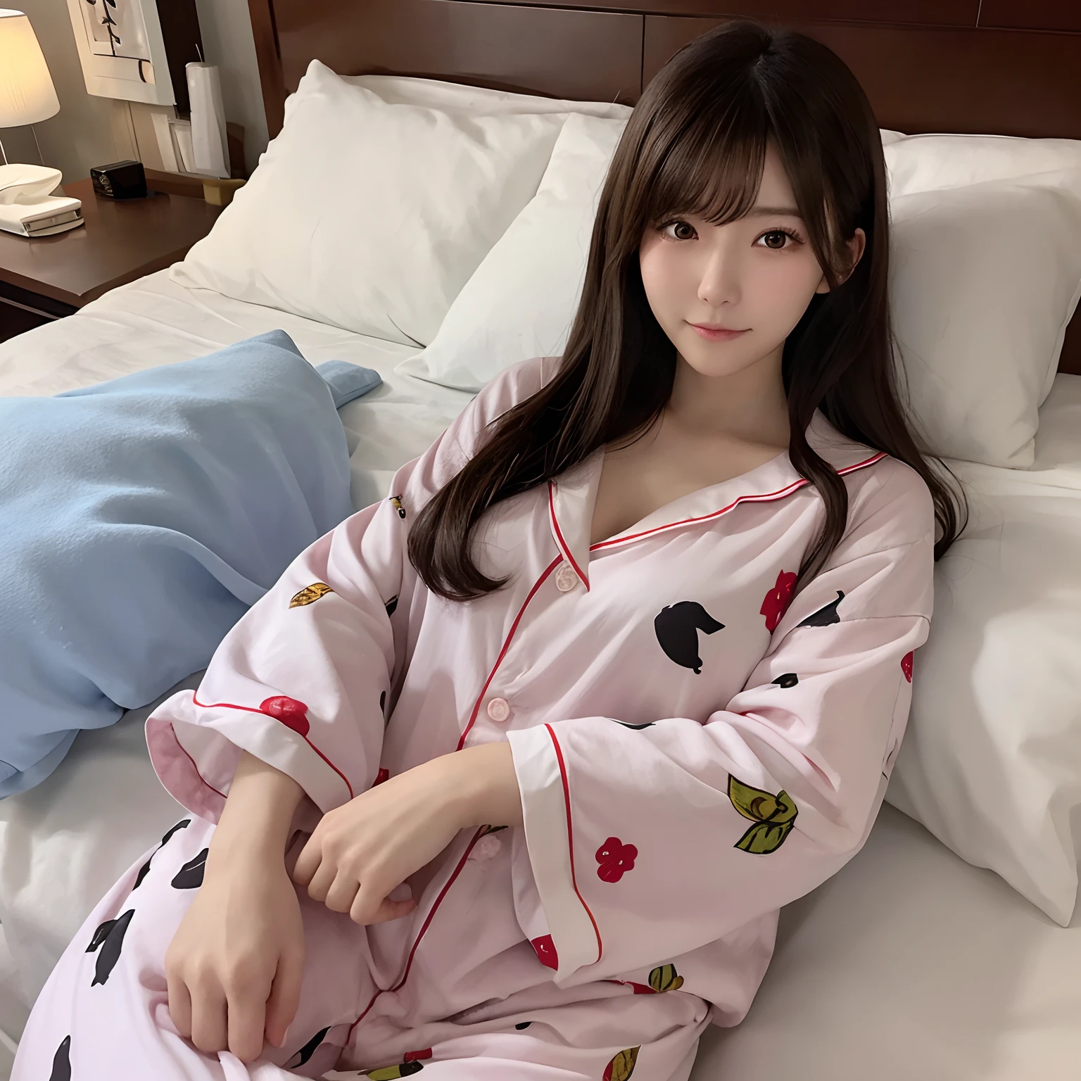 Very cute Japan woman。huge tit。Sleeping in bed。A dark-haired。Longhaire。high-level image quality。Wearing mokomoko pajamas。You can see the valley.。