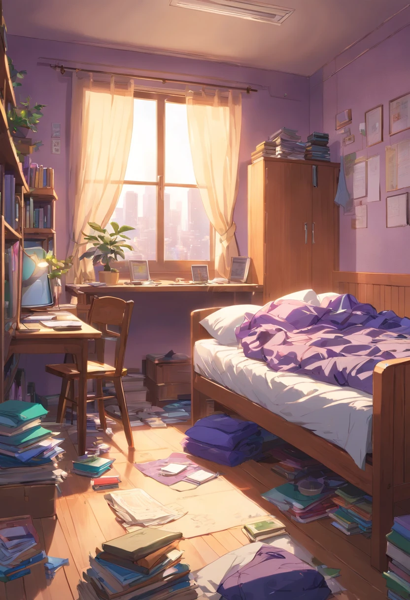 (best quality,4K,high resolution,masterpiece:1.2),ultra-detailed,photo-realistic:1.37,disheveled bedroom with no one inside,mismatched socks under the bed,purple pants on the floor,desk drawer filled with files and books,dirty clothes scattered throughout the room,dusty atmosphere with dim lighting,cluttered room with a neglected plant in the corner,piles of unfolded clothes,disorganized bookshelf filled with books and trinkets,tattered curtains,disheveled bed with wrinkled sheets