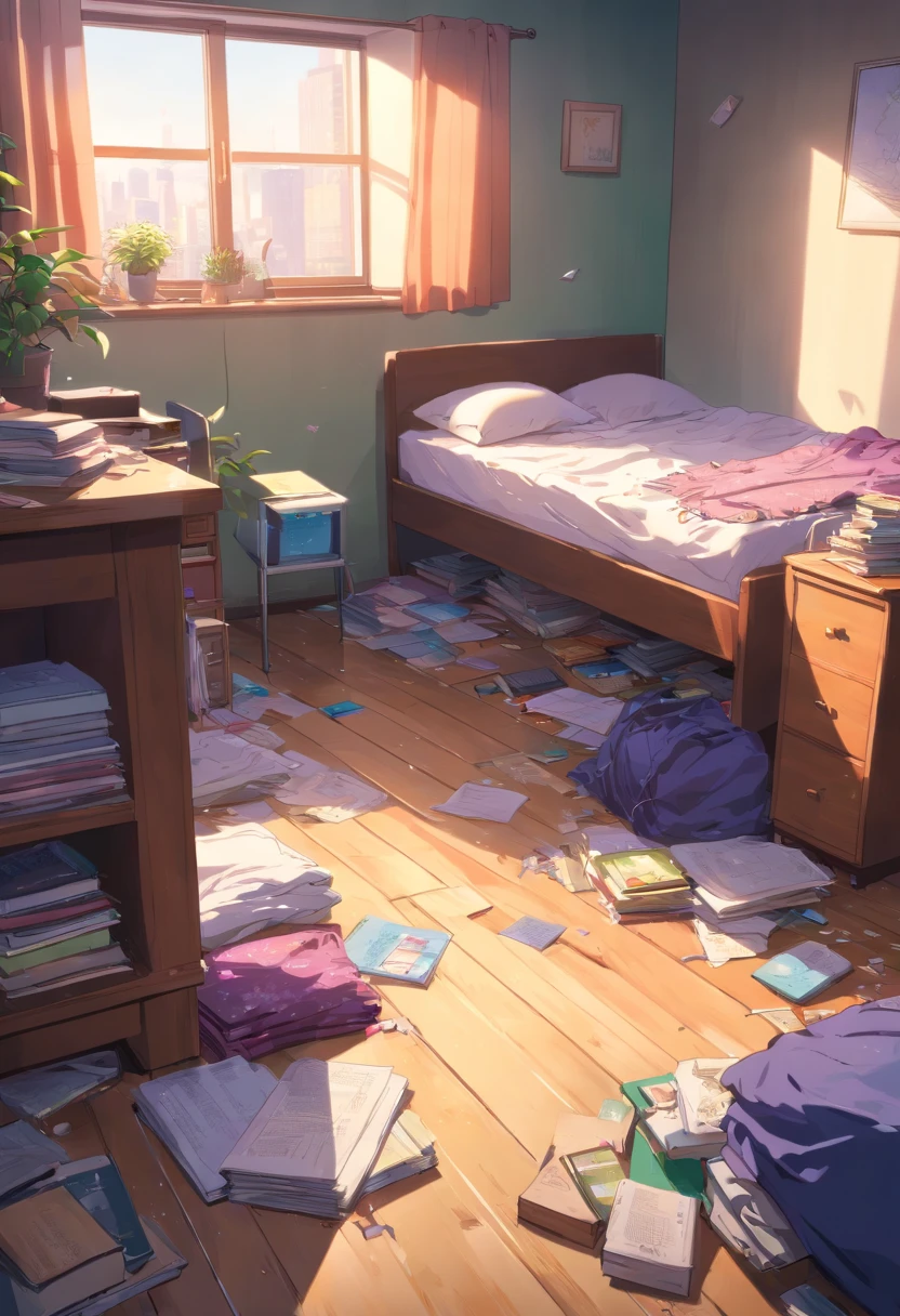 (best quality,4K,high resolution,masterpiece:1.2),ultra-detailed,photo-realistic:1.37,disheveled bedroom with no one inside,mismatched socks under the bed,purple pants on the floor,desk drawer filled with files and books,dirty clothes scattered throughout the room,dusty atmosphere with dim lighting,cluttered room with a neglected plant in the corner,piles of unfolded clothes,disorganized bookshelf filled with books and trinkets,tattered curtains,disheveled bed with wrinkled sheets