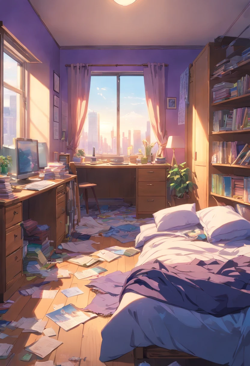 (best quality,4K,high resolution,masterpiece:1.2),ultra-detailed,photo-realistic:1.37,disheveled bedroom with no one inside,mismatched socks under the bed,purple pants on the floor,desk drawer filled with files and books,dirty clothes scattered throughout the room,dusty atmosphere with dim lighting,cluttered room with a neglected plant in the corner,piles of unfolded clothes,disorganized bookshelf filled with books and trinkets,tattered curtains,disheveled bed with wrinkled sheets