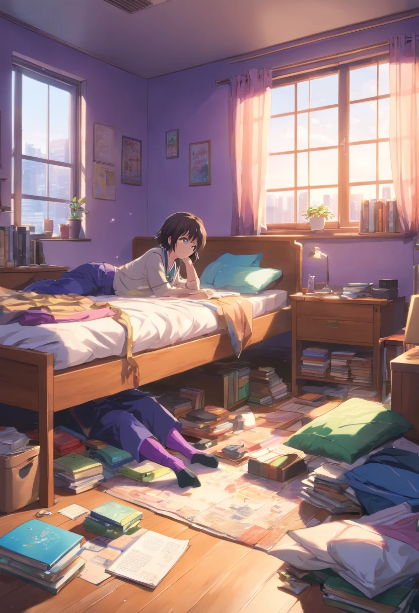 (best quality,4K,high resolution,masterpiece:1.2),ultra-detailed,photo-realistic:1.37,disheveled bedroom with no one inside,mismatched socks under the bed,purple pants on the floor,desk drawer filled with files and books,dirty clothes scattered throughout the room,dusty atmosphere with dim lighting,cluttered room with a neglected plant in the corner,piles of unfolded clothes,disorganized bookshelf filled with books and trinkets,tattered curtains,disheveled bed with wrinkled sheets