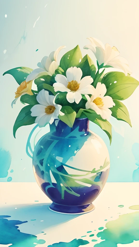 Flowers in a vase,florals,fronds,Eau,White flowers,((watercolor paiting)),((ink and watercolor painting)),(((solid color backdrop))),Perfectcomposition