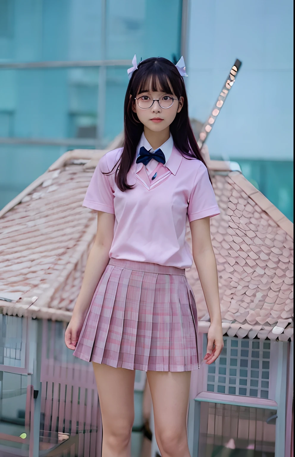 1 girl, pink school uniform, use glasses, long hair, realistic, ultra detail