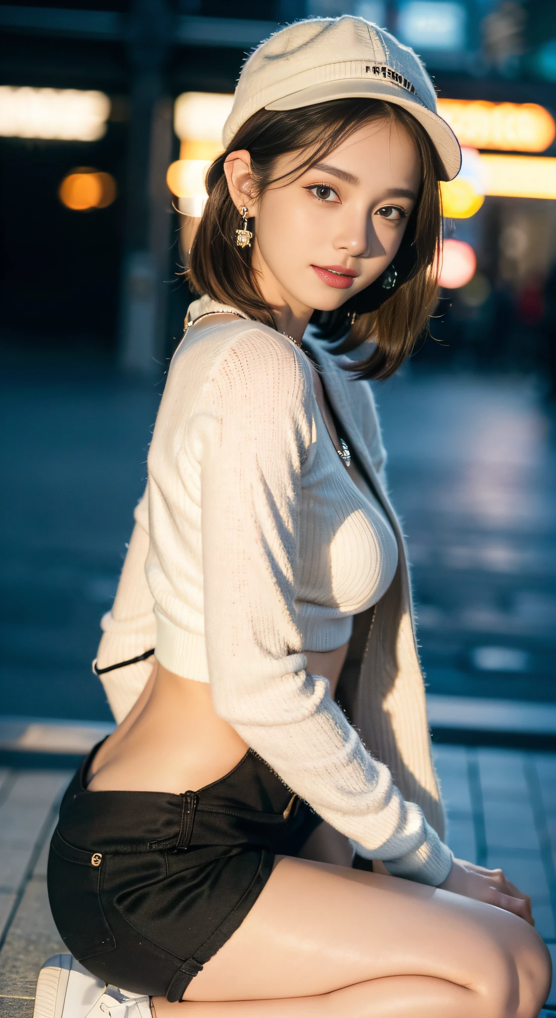 (((32K,very high res, high detailing, highly accurate,Masterpiece Girl 1:1.5))),Raw photo & realistic atmosphere,beautiful dark blue eyes,Detailed mouth,Glossy lips,Detailed eyebrows,Soft white skin that shines with every detail,,Eyes drawn in detail、Very beautiful eyes with azure eyes,Detailed lips、Very beautiful face,Very well-formed face、Lifelike face,shiny beautiful lips,Beautiful eyebrows,Infinite reality,Best design,(Insanely cute Japan 16-year-old high school girl,,Beautifully shaped breasts,Very cute beautiful girl,Little Girl,Healthy body,Outstanding style:1.5),Best Natural Makeup,Japanese ido,Korean Idols,Young sensual idol,Moist eyes,Dark Beautiful Deep Eyes,Beautiful butt,beauty legs,,camel's foot,:1.3),超A high resolution、,Natural and realistic face,Back lighting,Pure eyes are too cute,(((photorealisim,Photograph the whole body))),,Reality Live Action,(Fashionable earrings,,a necklace,A bracelet,gyuru,Glossy nail art,Women's Teens Street Winter Casual Fashion,Down coat,Black pants,white shoe,Hats,Calm and fashionable girl,light brown hair,short-hair,Ear Hair,独奏,little smiling,full body Esbian,Show full-body fashion,sitting cross-legs,Show me your white shoes, Only beauty young cute 15 year old girl,A rather petite and very cute 15-year-old girl:1.7),Night in Shibuya