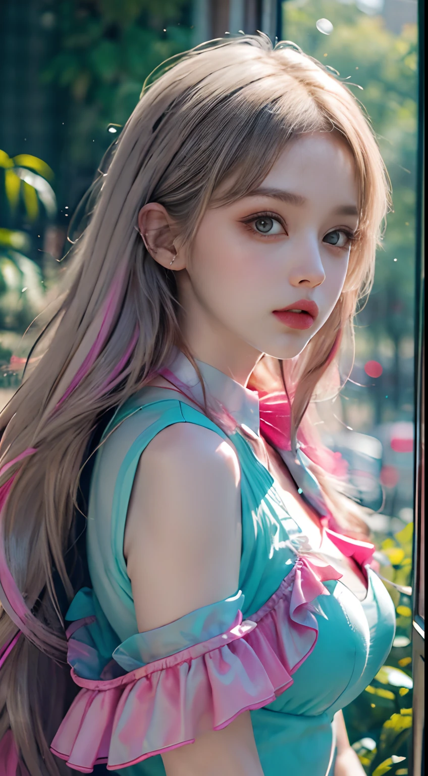 ((Highest quality)), ((masterpiece)), (detailed), high ponytail, ((Blonde)), Beautiful girl, Cute Eyes, Green eyes, False eyelashes, (((Watery eye))), (Blushed:1.3), white skin, (hippie clothes:1.4), ((bulge)), outside, raining, crowded city, fog, evening, neon sign,