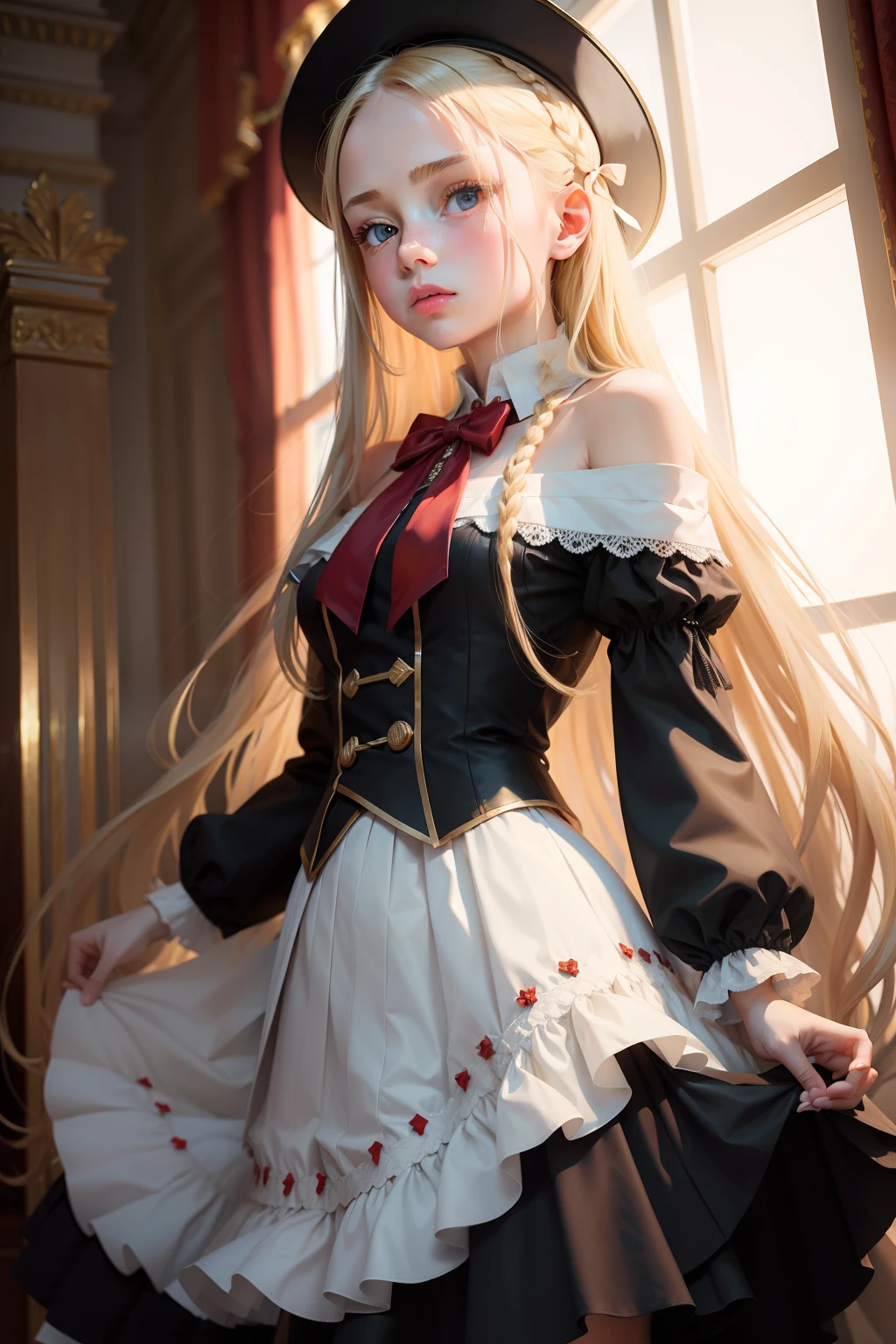 Russian, , Portrait , Long blonde hair and bow,Layered skirt,Noble,opulent,cropped shoulders, lifted skirt