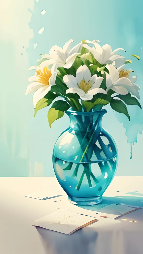Flowers in a vase,florals,fronds,Eau,White flowers,((watercolor paiting)),((ink and watercolor painting)),(((solid color backdrop))),Perfectcomposition