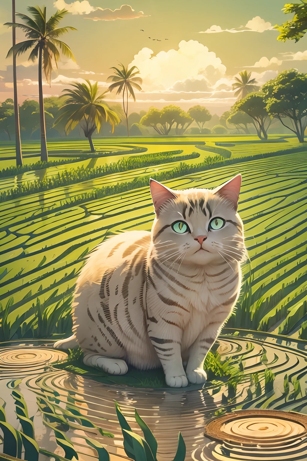 A round-eyed cat works in a rice field,