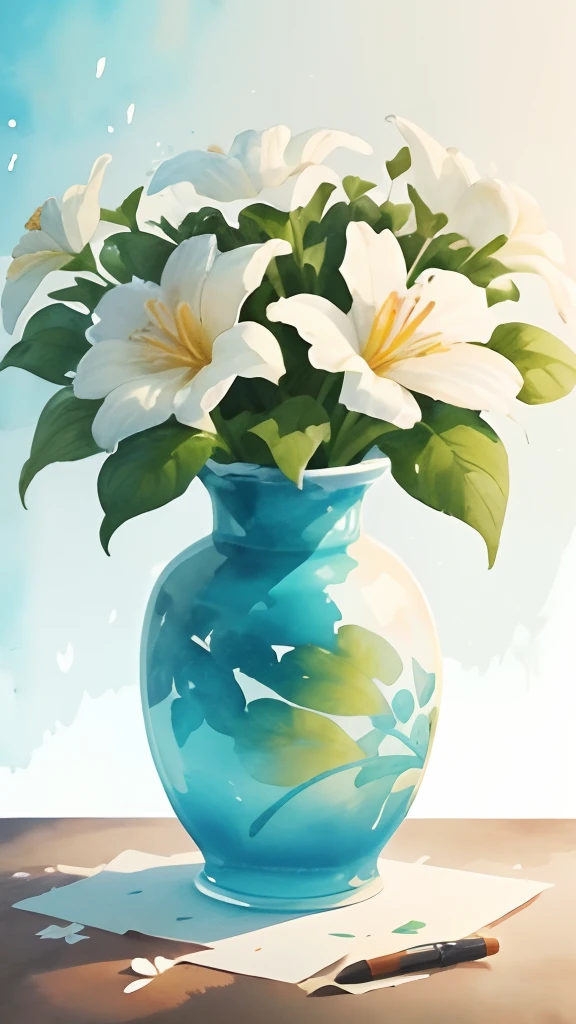 Flowers in a vase,florals,fronds,Eau,White flowers,((watercolor paiting)),((ink and watercolor painting)),(((solid color backdrop))),Perfectcomposition
