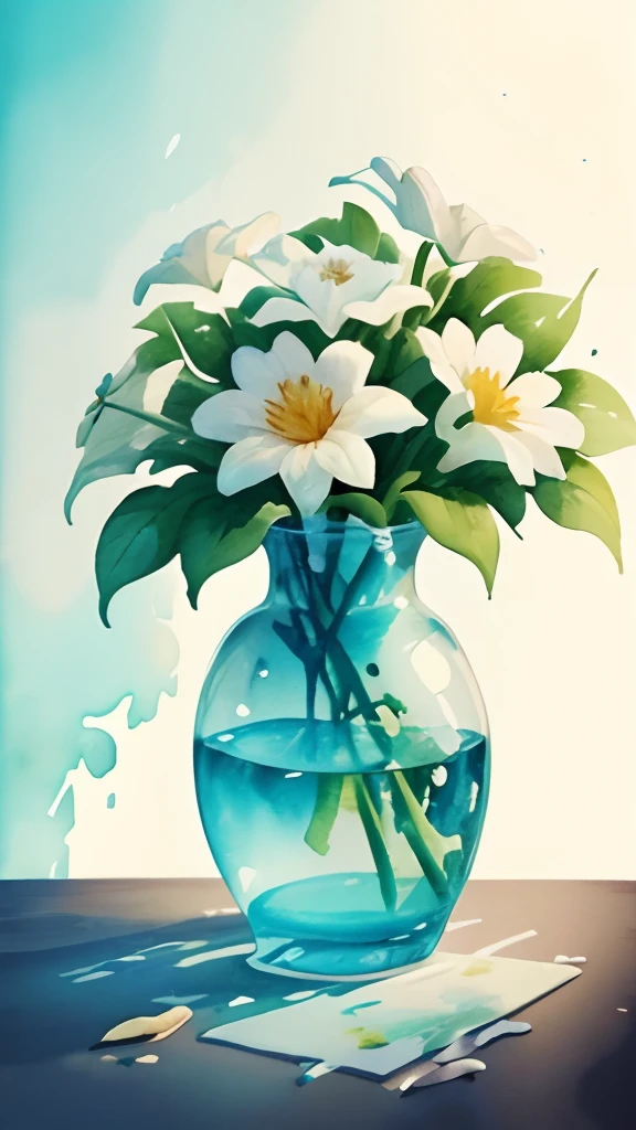 Flowers in a vase，florals，fronds，Eau，White flowers，（（watercolor paiting）），（（ink and watercolor painting）），(((solid color backdrop)))，Perfectcomposition