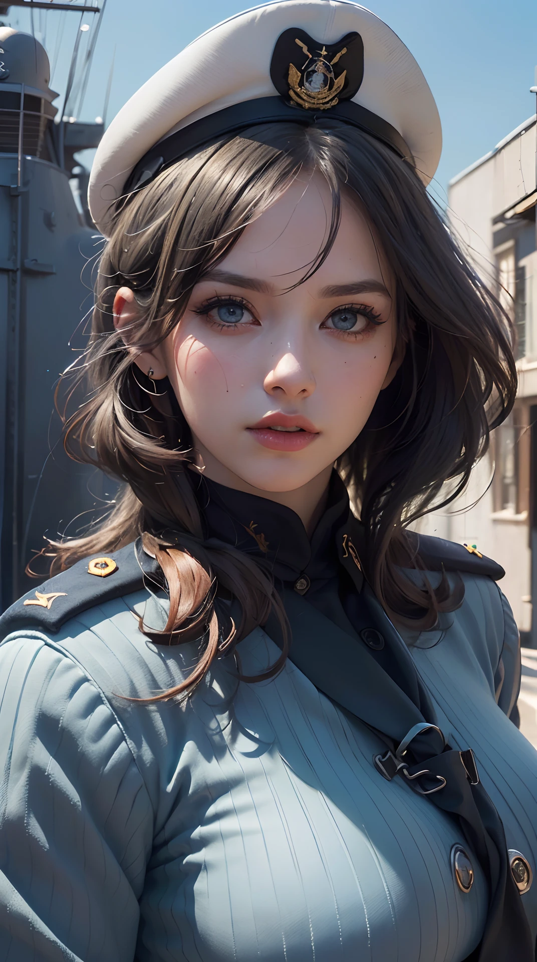 (best quality,4k,8k,highres,masterpiece:1.2), ultra-detailed, (realistic,photorealistic,photo-realistic:1.37), (beautiful detailed eyes, beautiful detailed lips, extremely detailed eyes and face, long eyelashes), studio lighting,physically-based rendering,vivid colors, (big tits, super big tits, super extra big tits), (military or naval uniform:1.5),