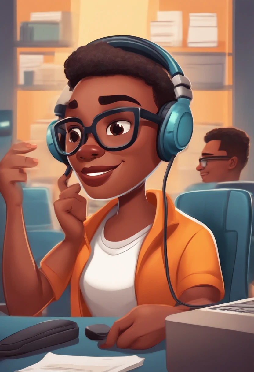 Um jovem negro de cabelos cacheados no com auriculares de trabalho quarto trabalhando como operador de call center atendendo um cliente (Cartoon)